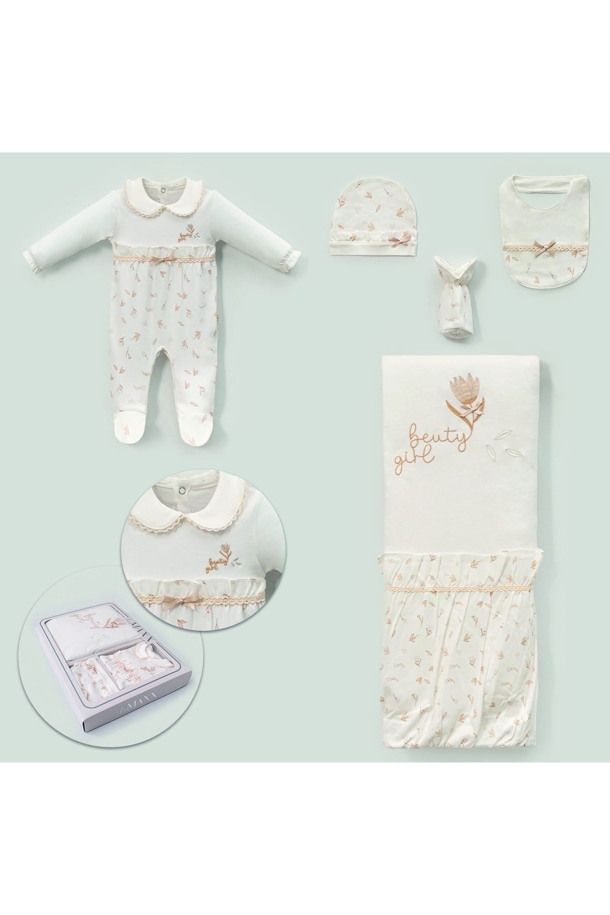 KIZ BEBEK BEAUTY GIRL BATTANİYELİ 5'Lİ YENİDOĞAN HASTANE ÇIKIŞI TULUM SET KUTULU