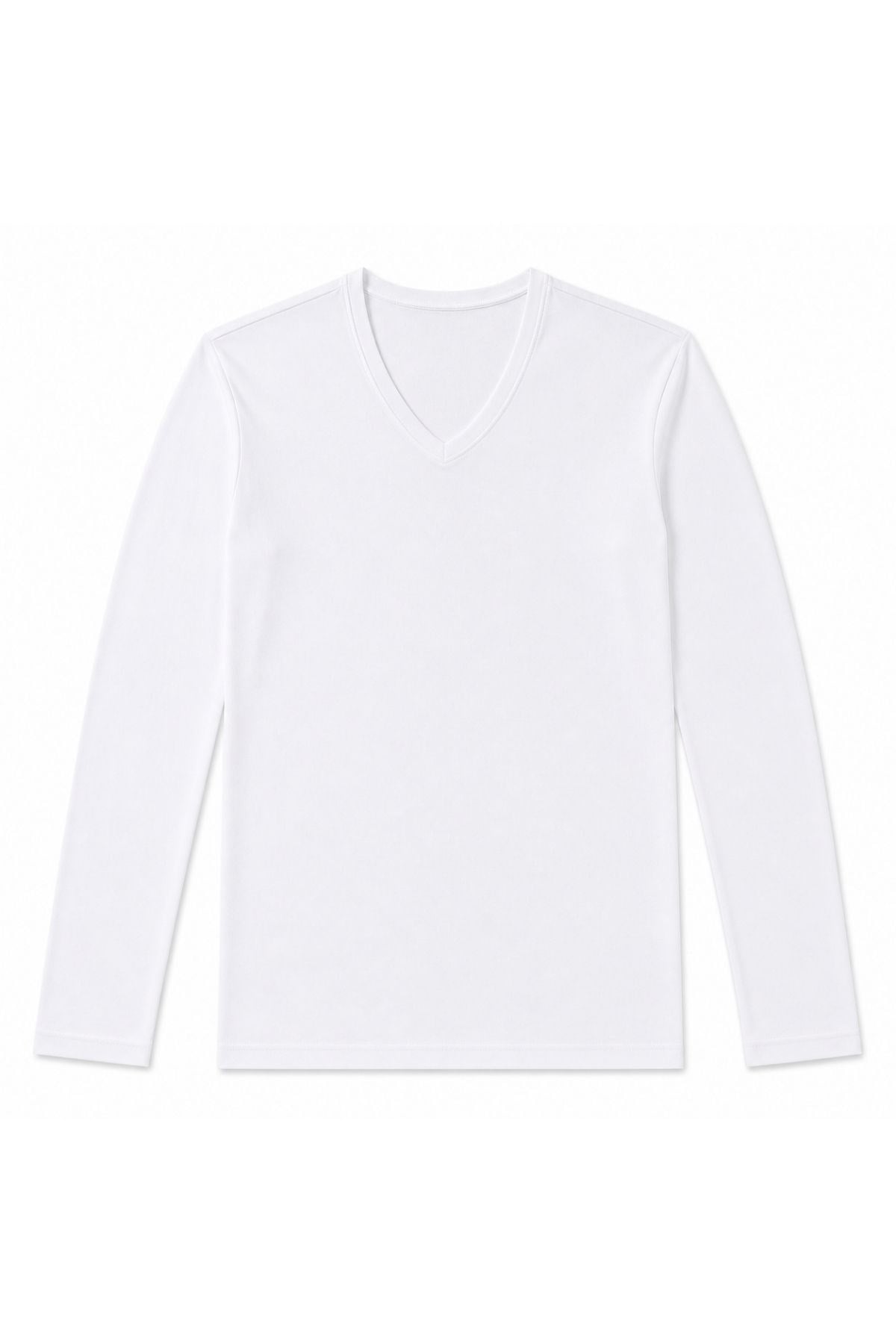 Bambu V Yaka Erkek Uzun Kol T-Shirt Beyaz