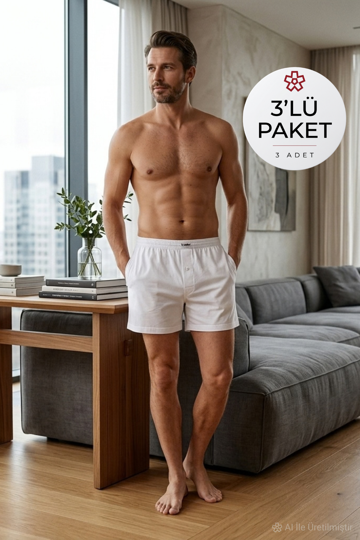 Havlu Bel Erkek Boxer Beyaz %100 Pamuk 3lü Paket