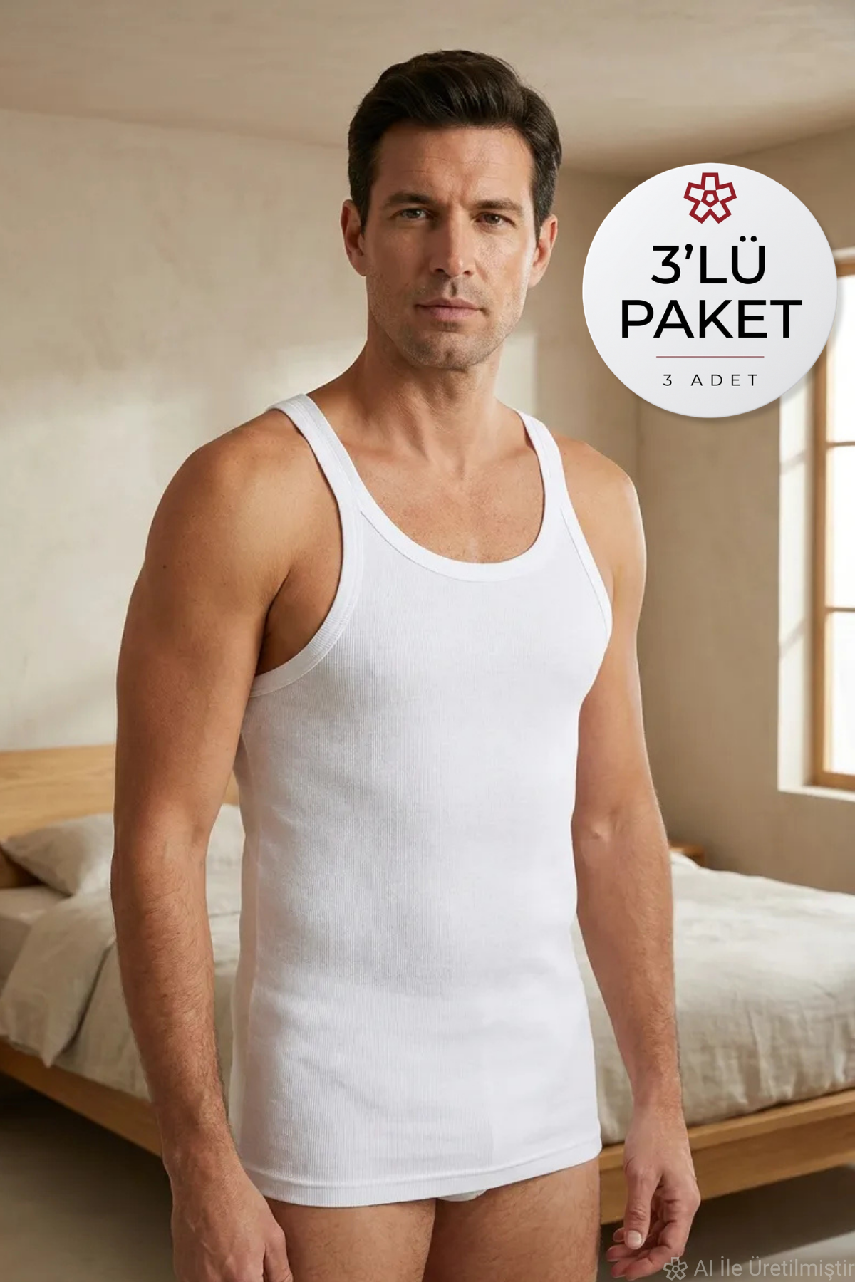 Kaşkorse Likralı Erkek Badi Atlet Beyaz 3lü Paket