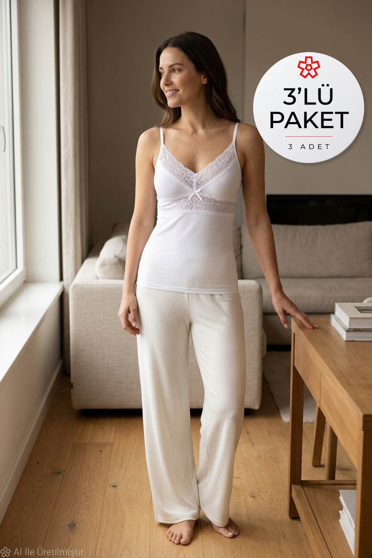 Likralı Ayarlanabilir Askılı Dantelli Kadın Atlet Beyaz 3lü Paket