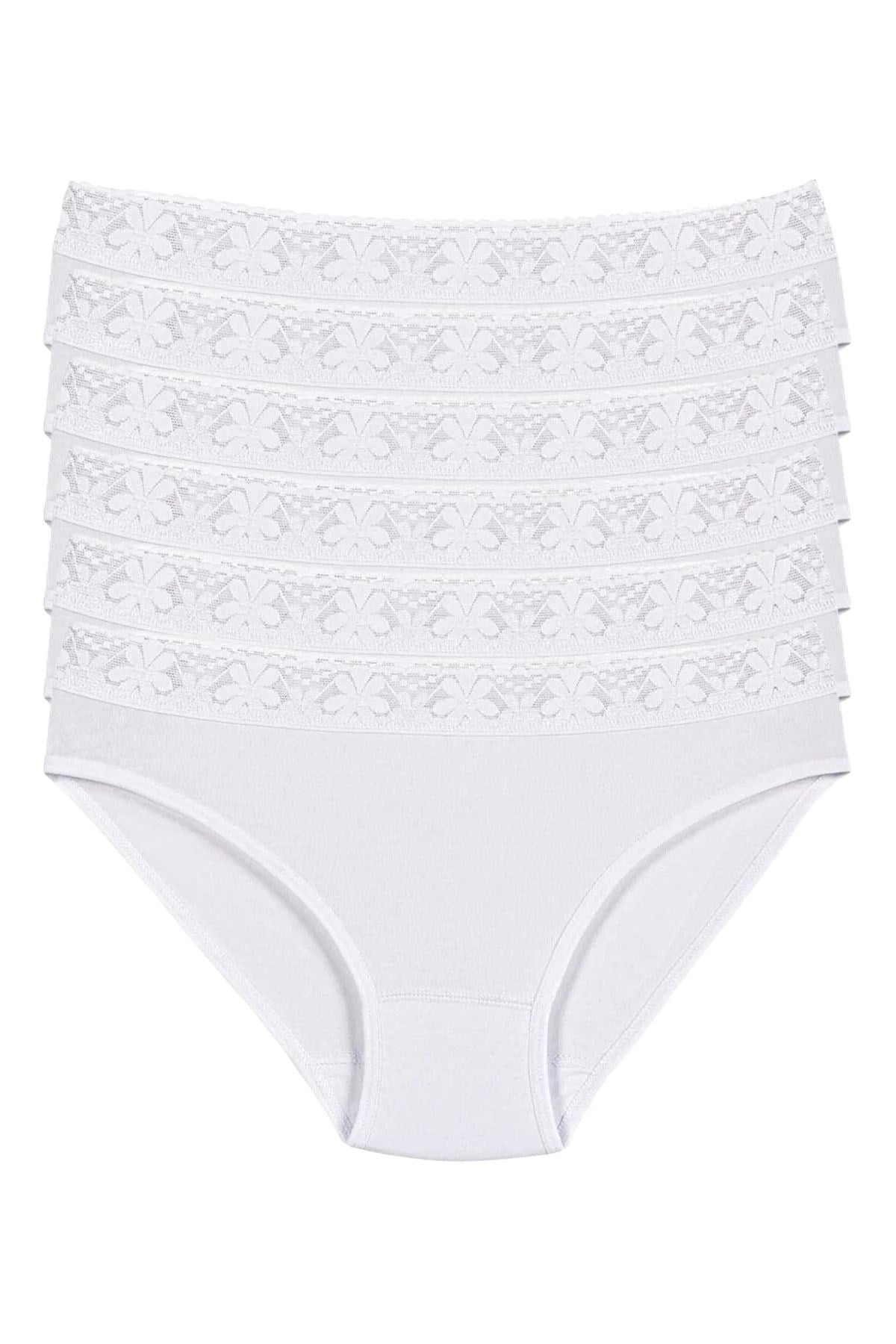 Likralı Beli Dantelli Kadın Bikini Külot Beyaz 6lı Paket