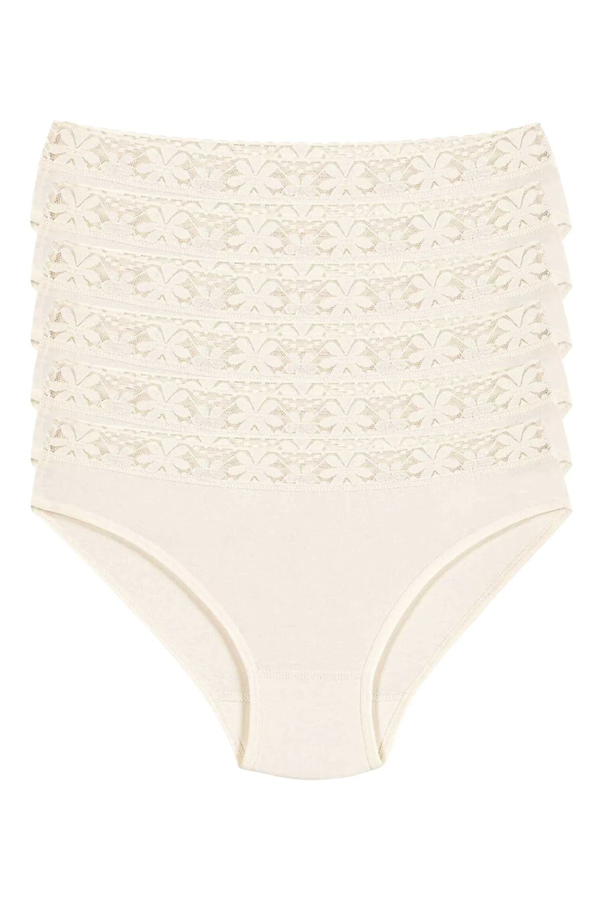 Likralı Beli Dantelli Kadın Bikini Külot Ekru 6lı Paket
