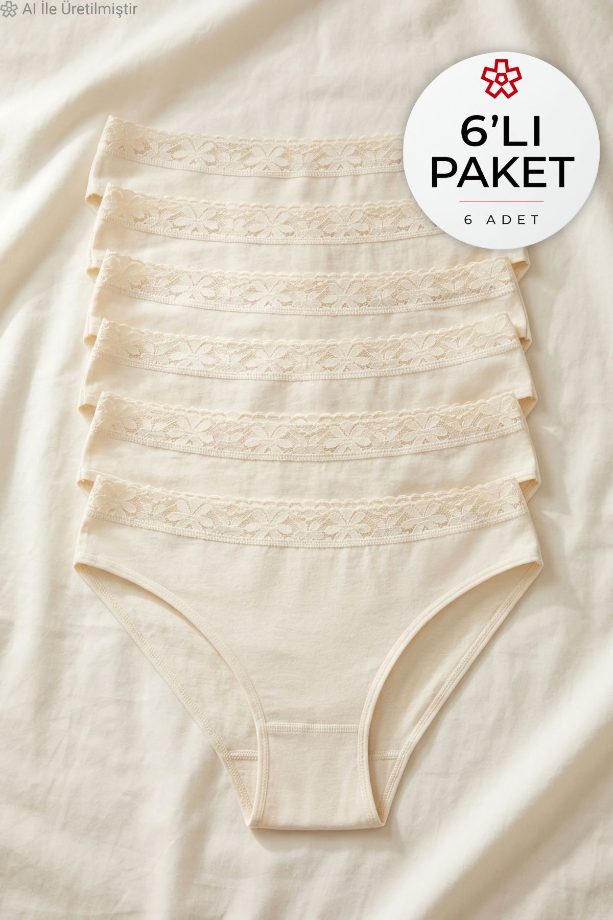Likralı Beli Dantelli Kadın Bikini Külot Ekru 6lı Paket