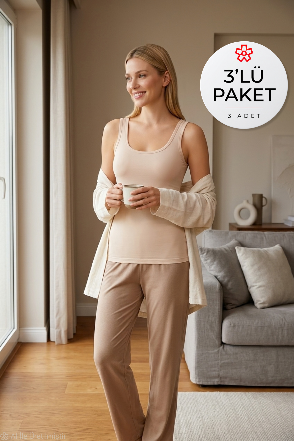 Likralı Geniş Askılı Biyeli Kadın Atlet Ten 3lü Paket