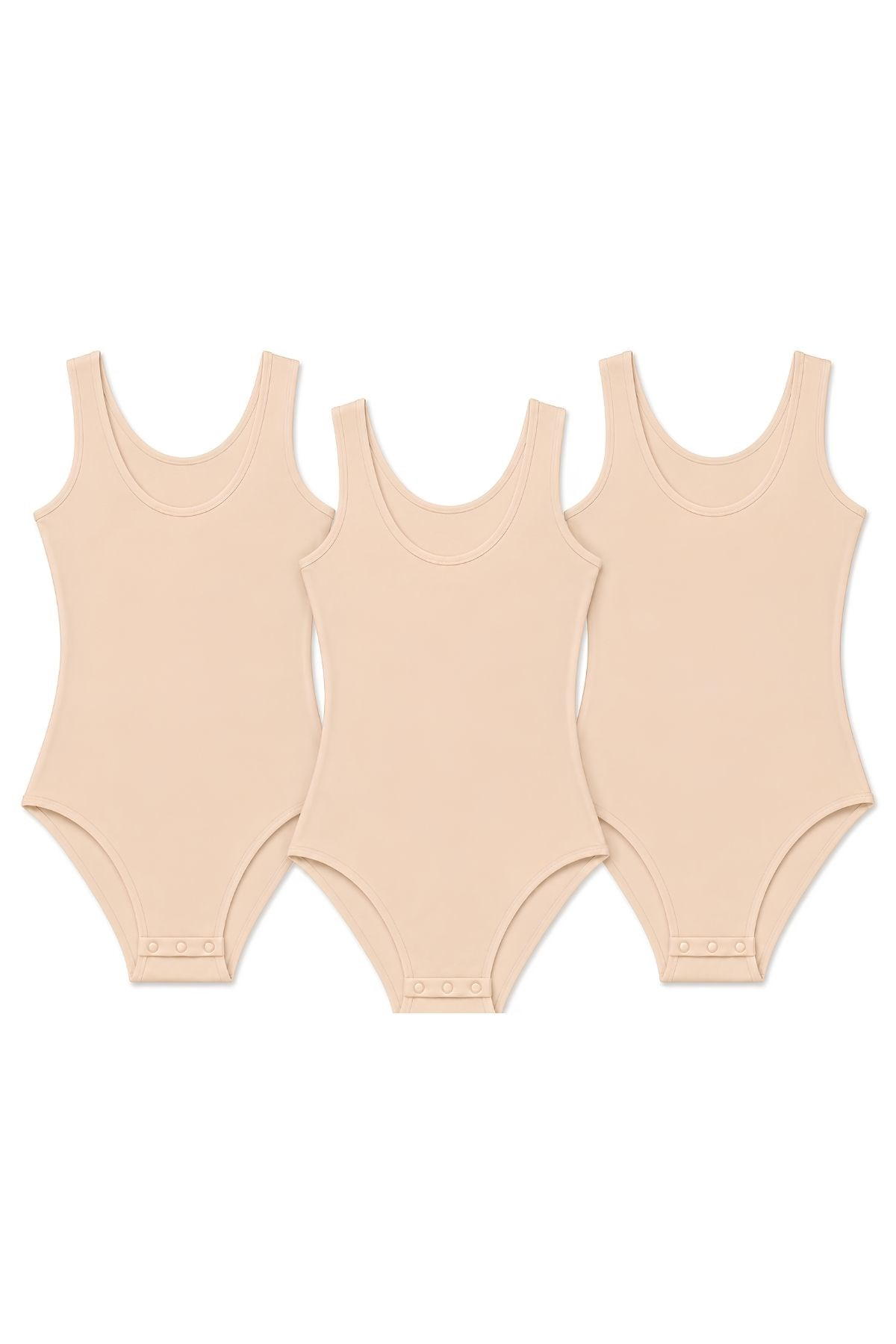 Likralı Geniş Askılı Kadın Çıtçıtlı Body Ten 3lü Paket