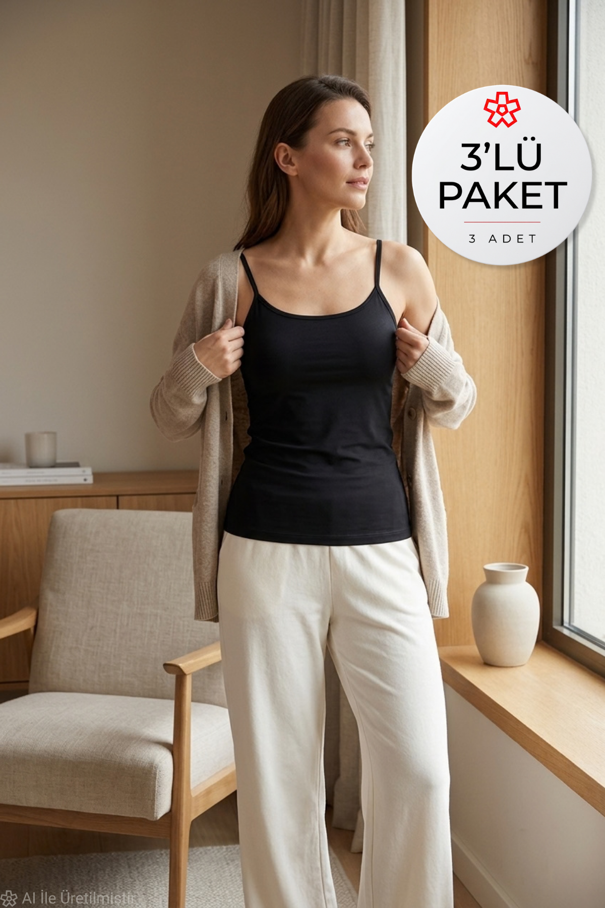 Likralı İp Askılı Biyeli Kadın Atlet Siyah 3lü Paket