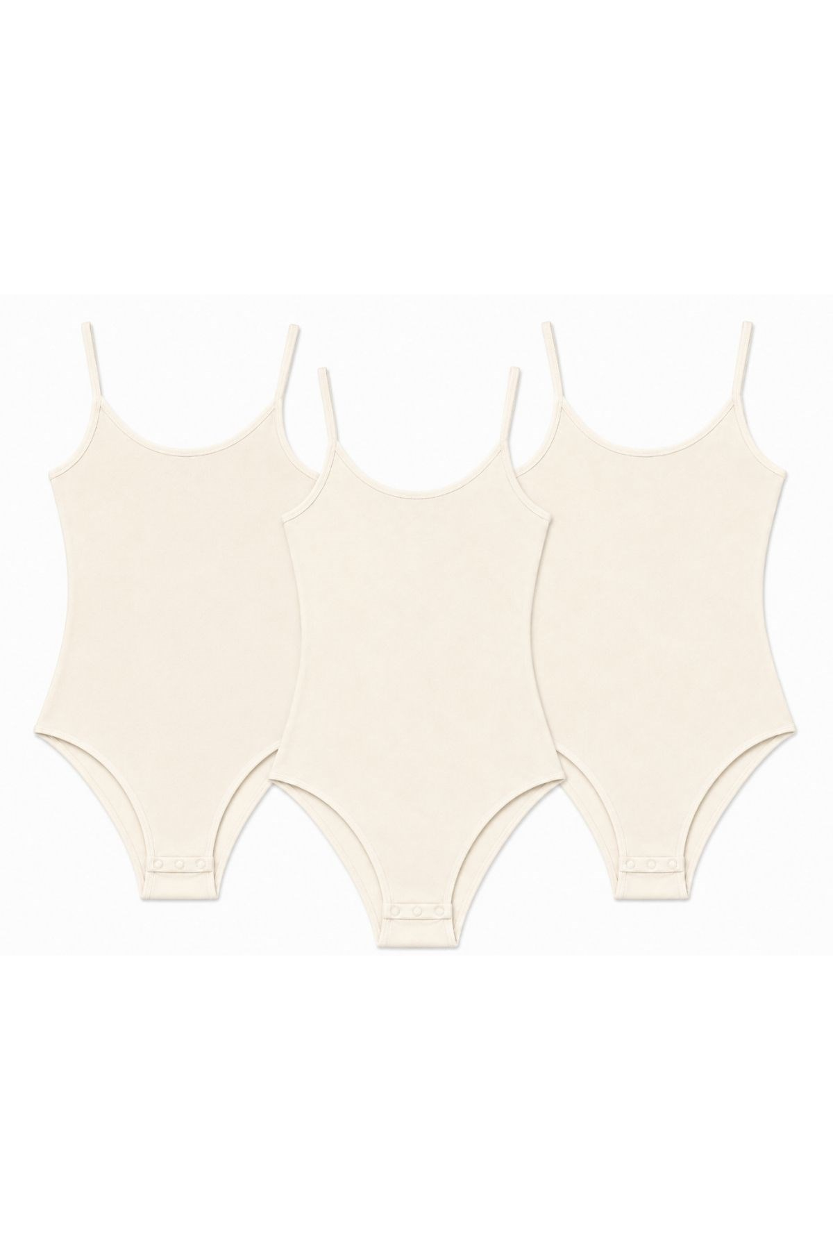 Likralı İp Askılı Kadın Çıtçıtlı Body Ekru 3lü Paket