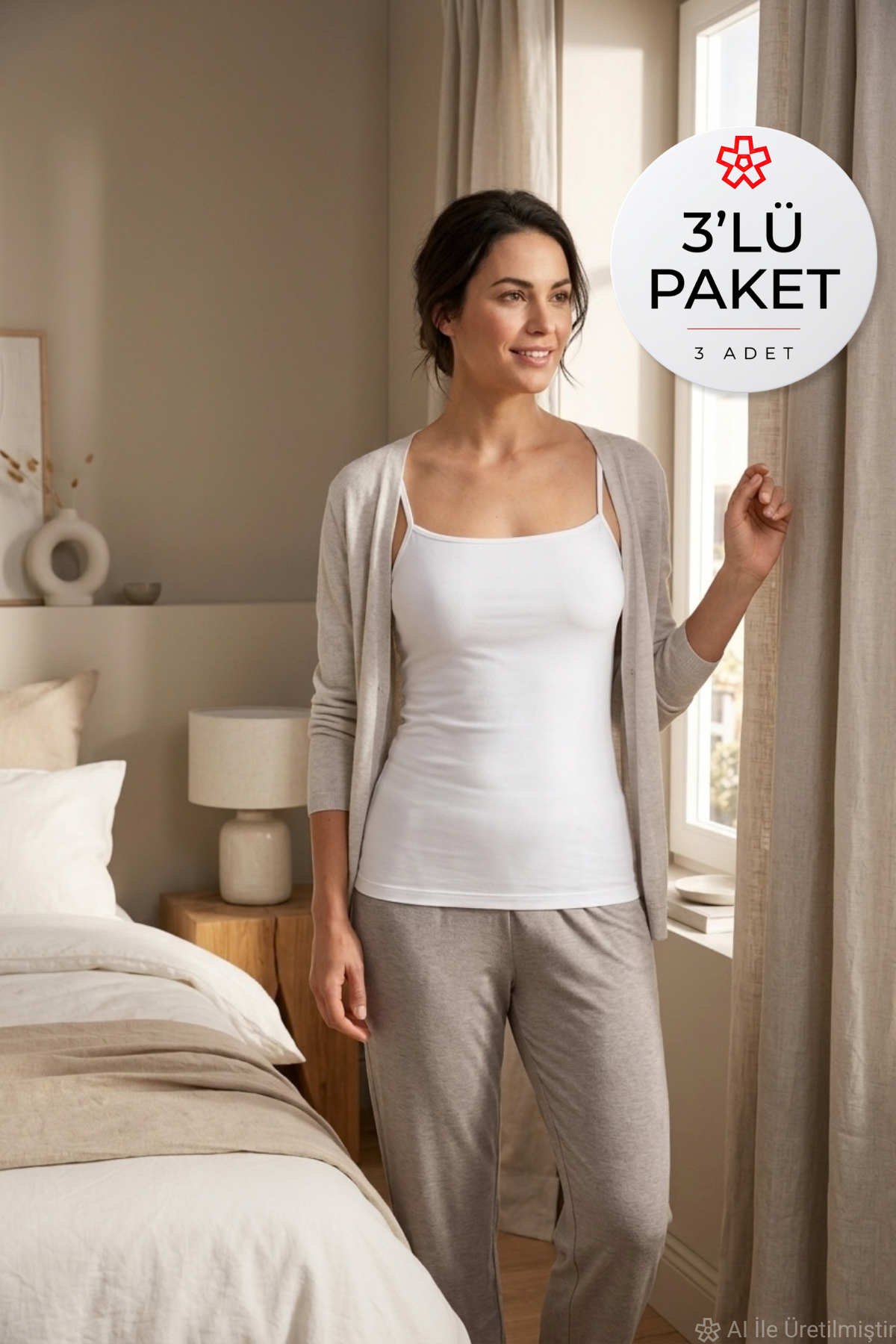 Likralı İp Askılı Önü Düz Kadın Atlet Beyaz 3lü Paket