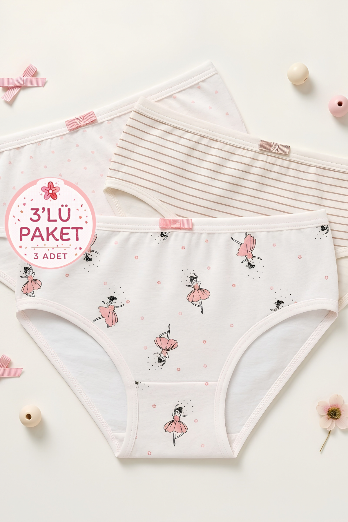 Likralı Kız Çocuk Külot Balerin Desenli 3lü Paket