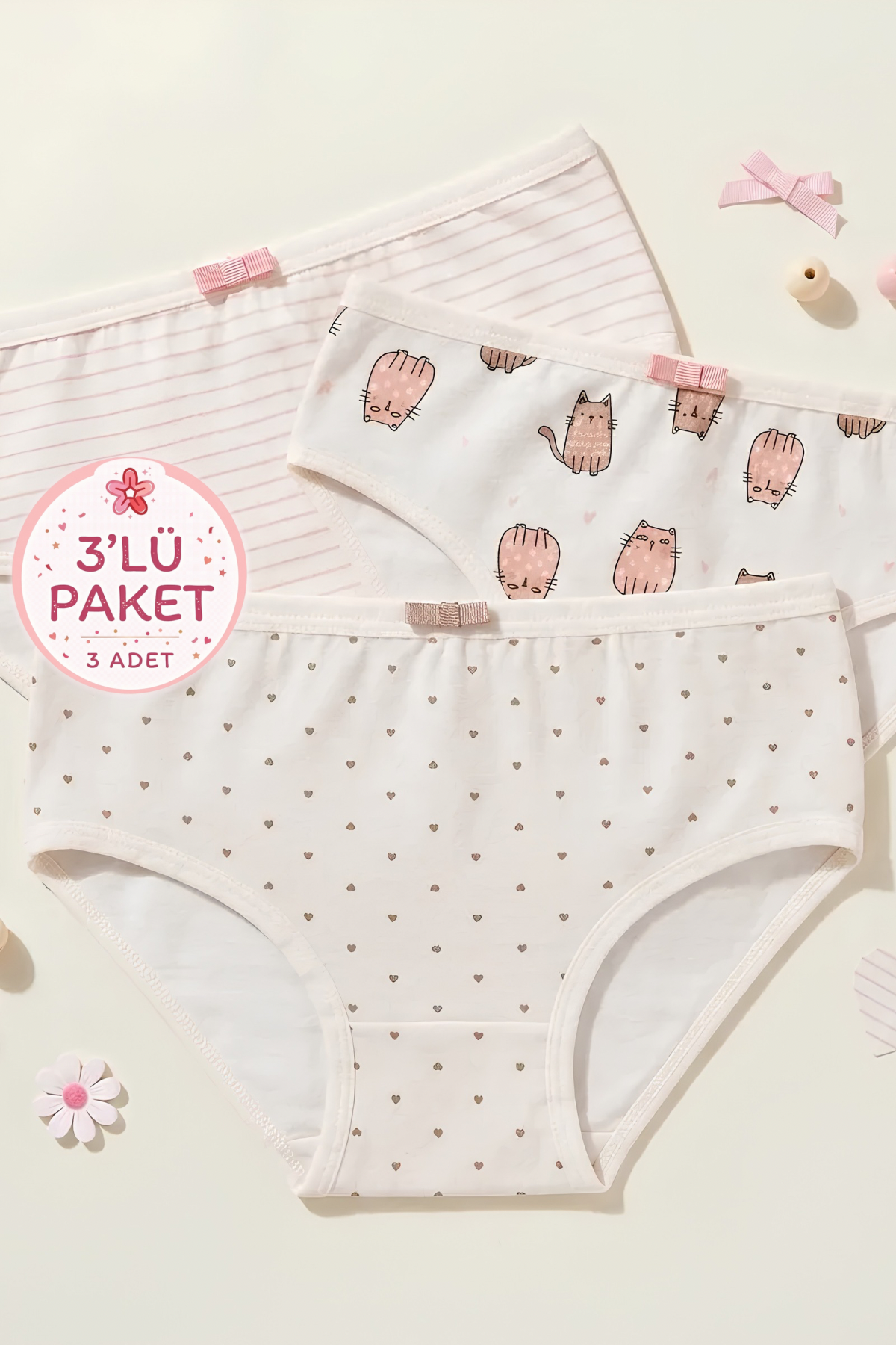 Likralı Kız Çocuk Külot Kedi Desenli 3lü Paket