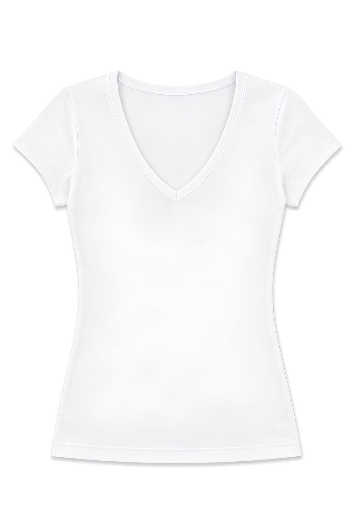 Likralı V Yaka Kısa Kol Kadın T-Shirt Beyaz