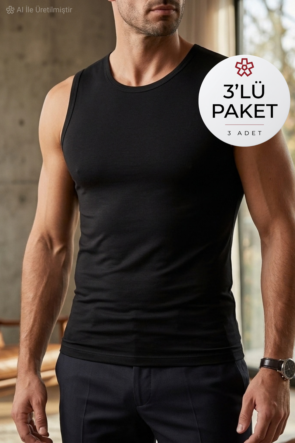 Modal Sıfır Kol Erkek Atlet Siyah 3lü Paket