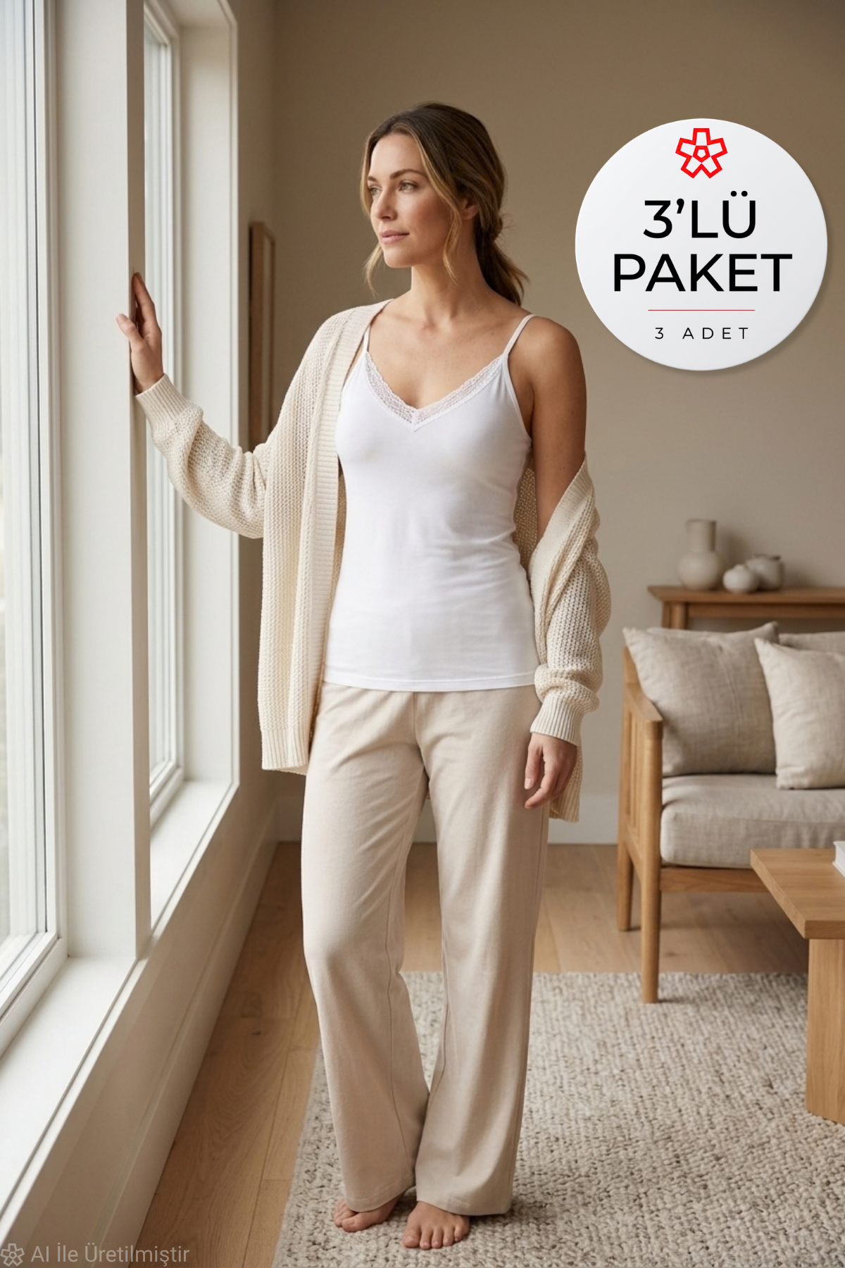Modal V Yaka Dantelli Kadın Atlet Beyaz 3lü Paket