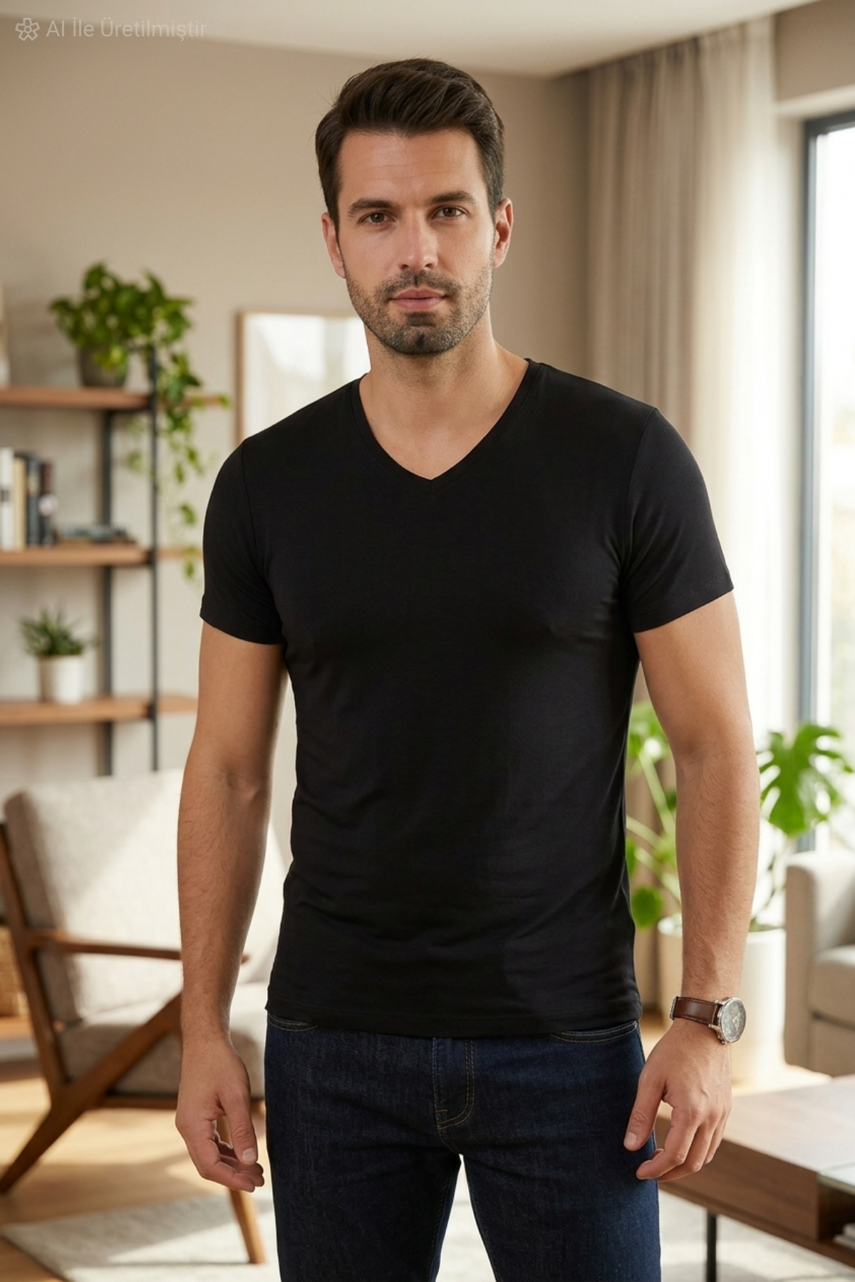 Modal V Yaka Erkek T-Shirt Siyah