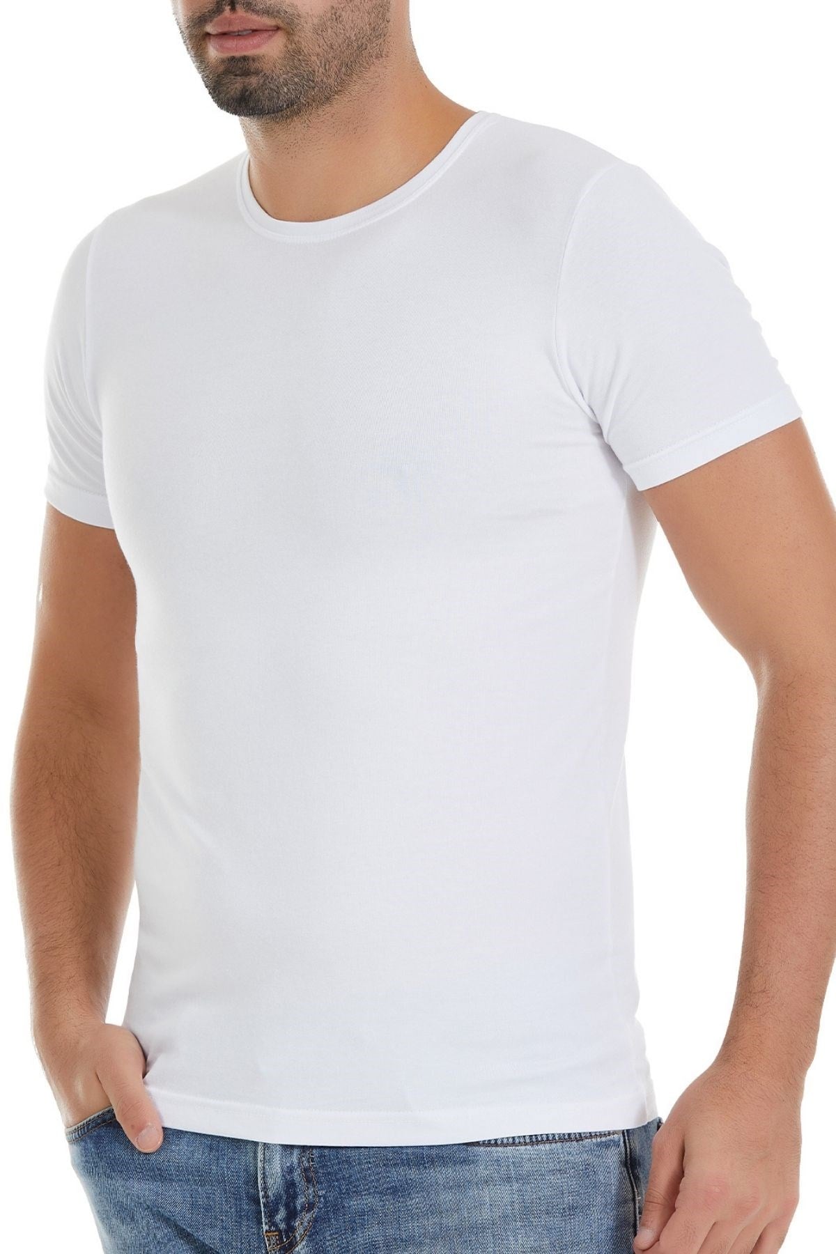 Bambu Bisiklet Yaka Erkek T-Shirt Beyaz