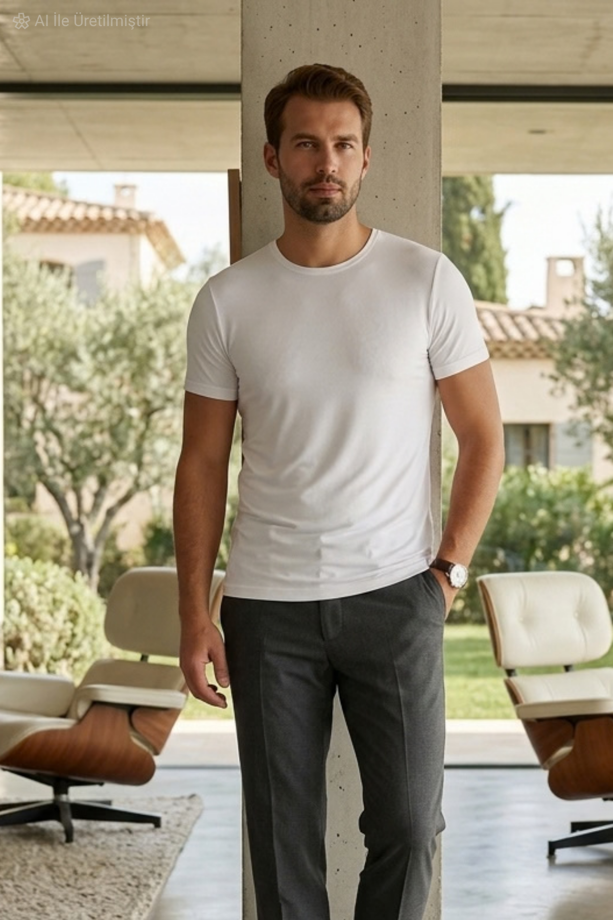 Bambu Bisiklet Yaka Erkek T-Shirt Beyaz
