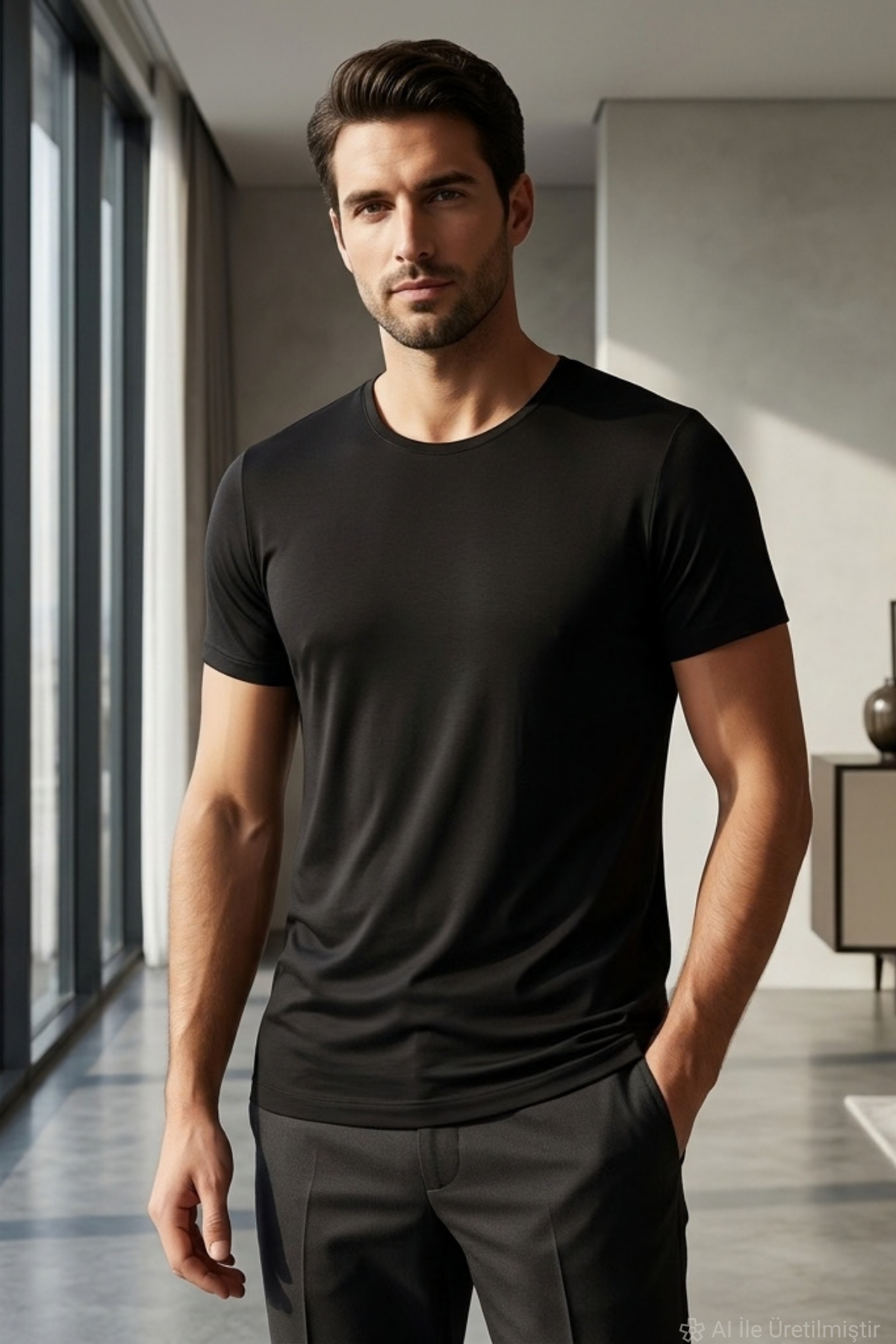 Bambu Bisiklet Yaka Erkek T-Shirt Siyah