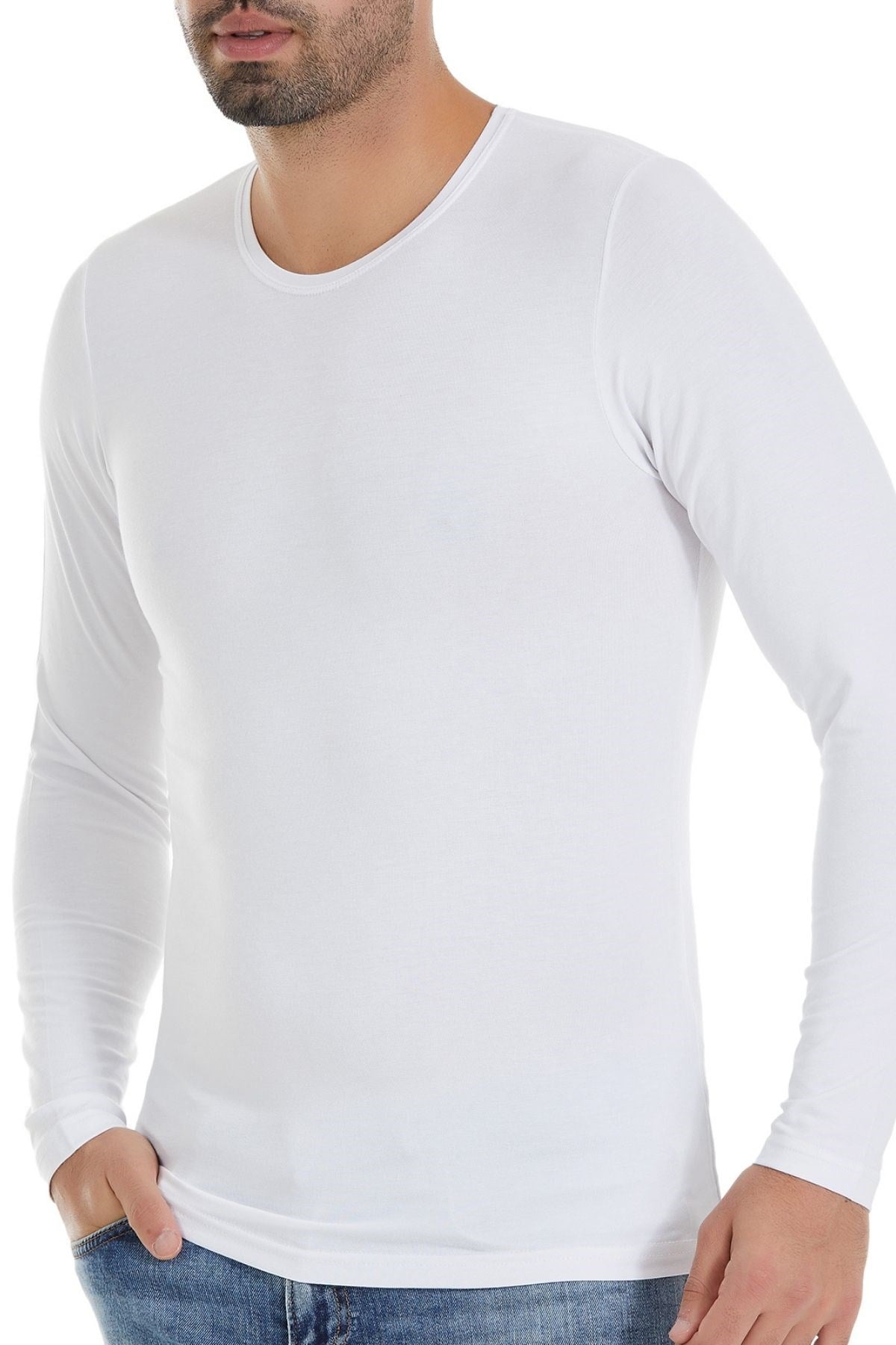 Bambu Bisiklet Yaka Uzun Kol T-Shirt Beyaz