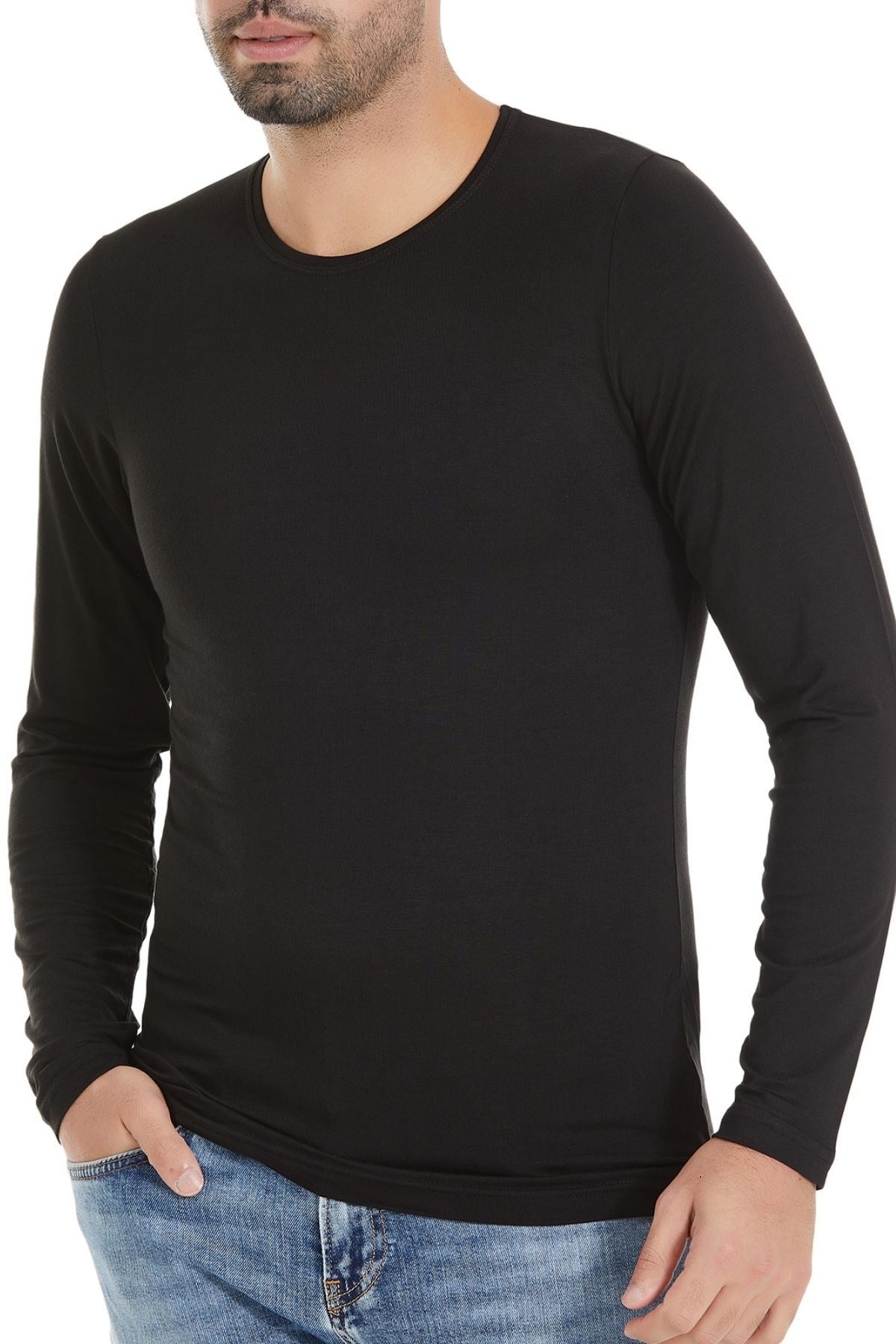 Bambu Bisiklet Yaka Uzun Kol T-Shirt Siyah
