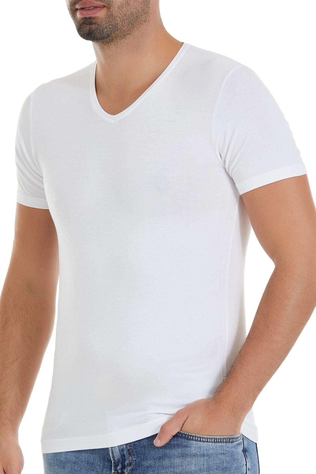 Bambu V Yaka Erkek T-Shirt Beyaz