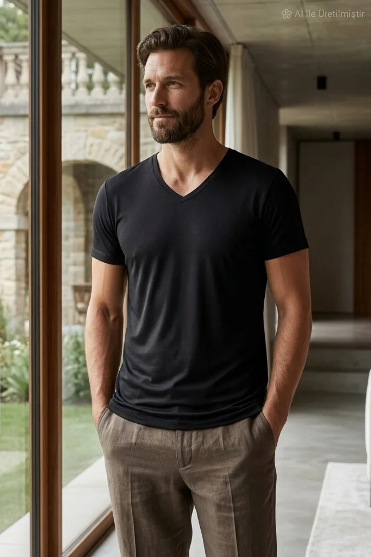 Bambu V Yaka Erkek T-Shirt Siyah