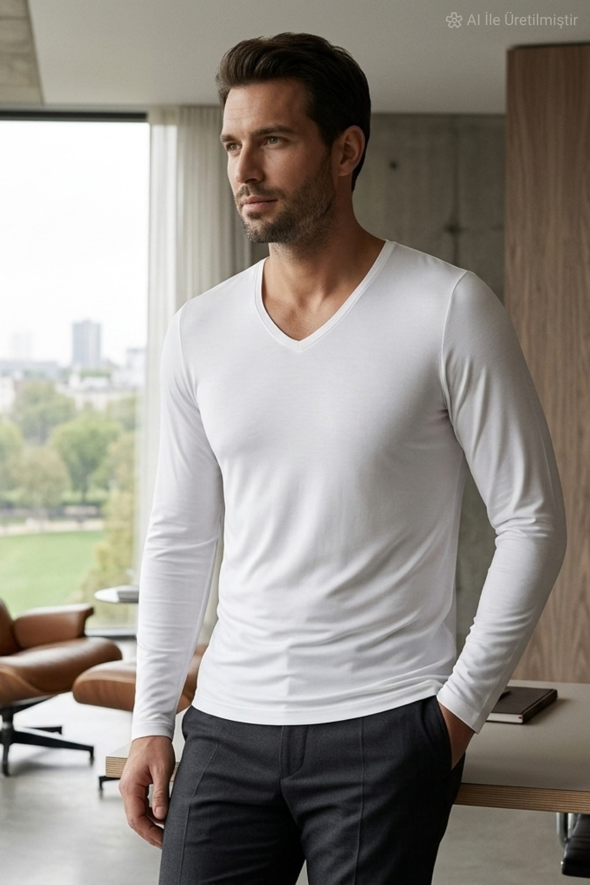 Bambu V Yaka Erkek Uzun Kol T-Shirt Beyaz