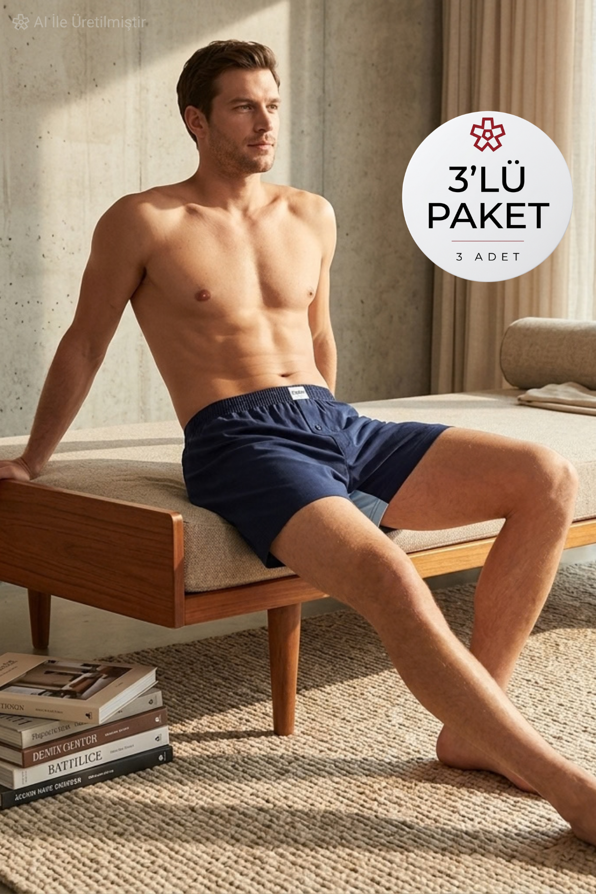 Havlu Bel Erkek Boxer Lacivert %100 Pamuk 3'lü Paket