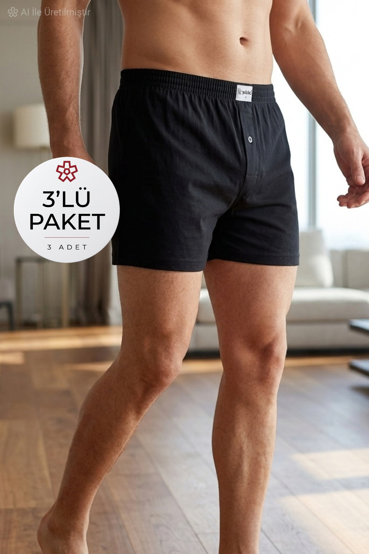 Havlu Bel Erkek Boxer Siyah Melanj %100 Pamuk 3'lü Paket