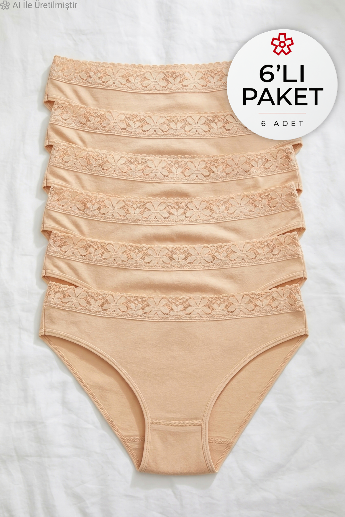 Likralı Beli Dantelli Kadın Bikini Külot Ten 6'lı Paket
