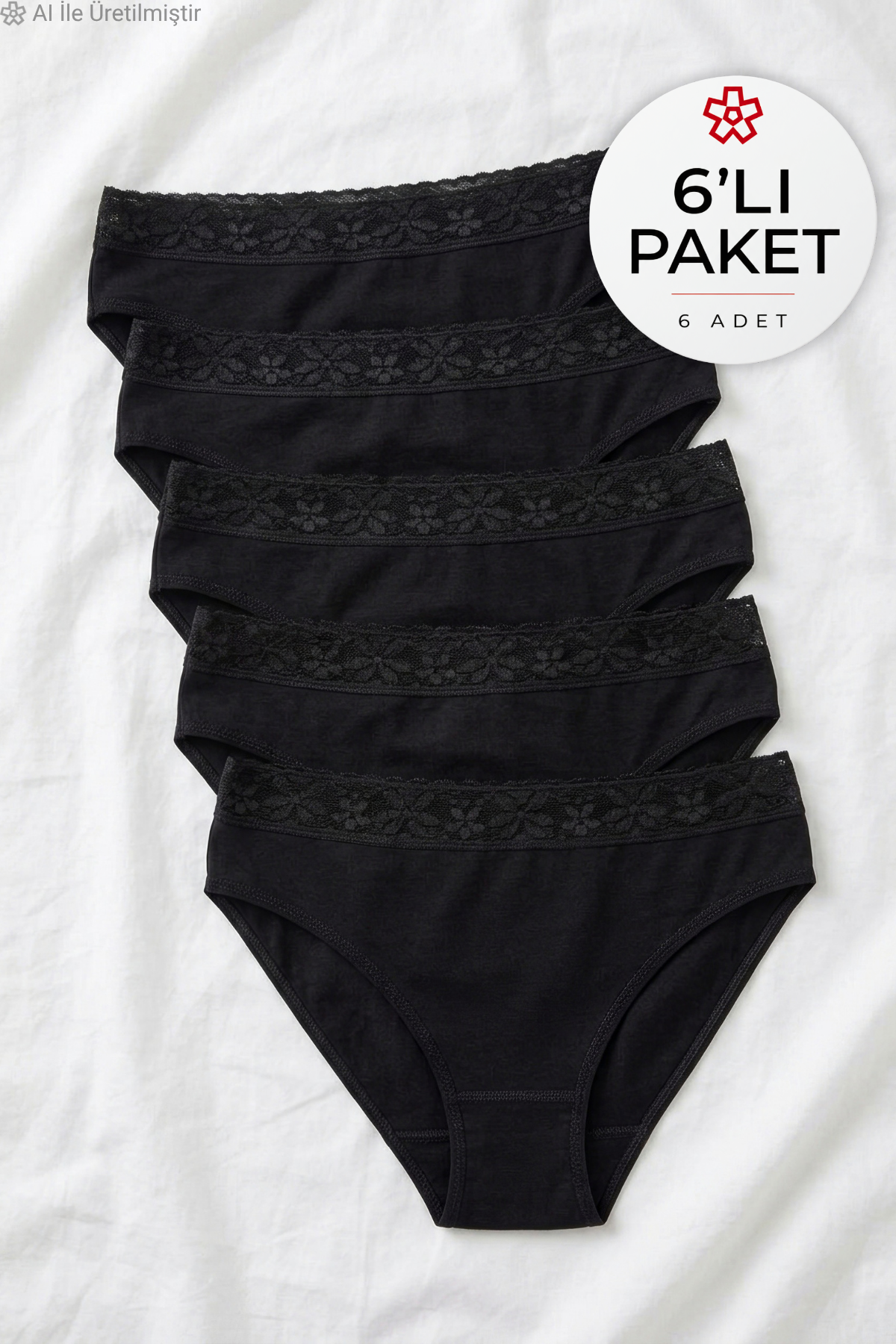 Likralı Beli Dantelli Kadın Bikini Külot Siyah 6'lı Paket