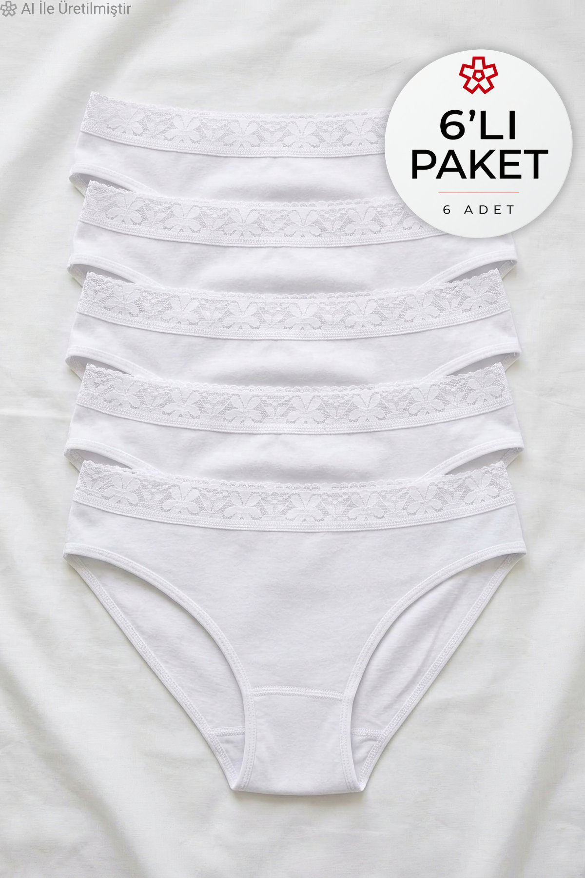 Likralı Beli Dantelli Kadın Bikini Külot Beyaz 6'lı Paket