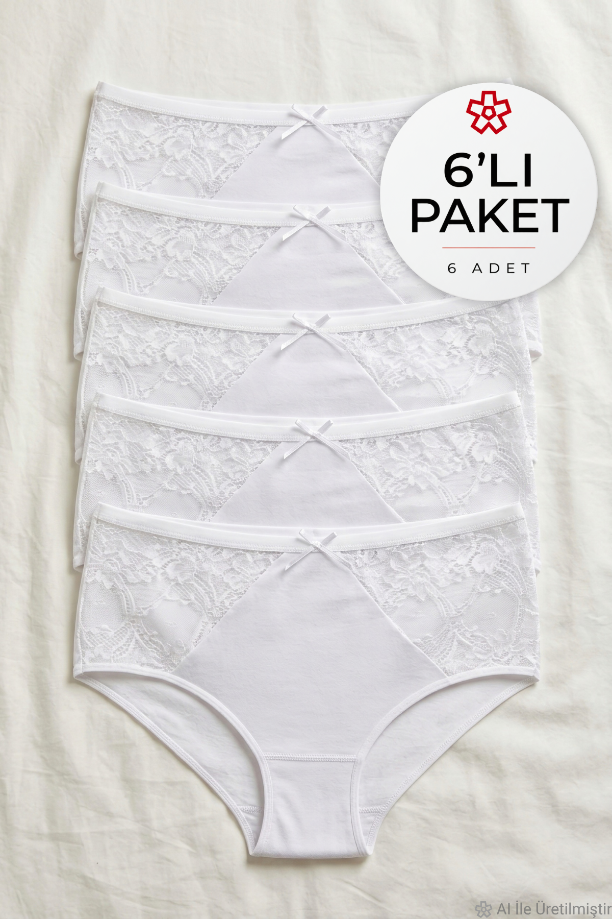 Likralı Dantelli Bato Kadın Yüksek Bel Külot Beyaz 6'lı Paket