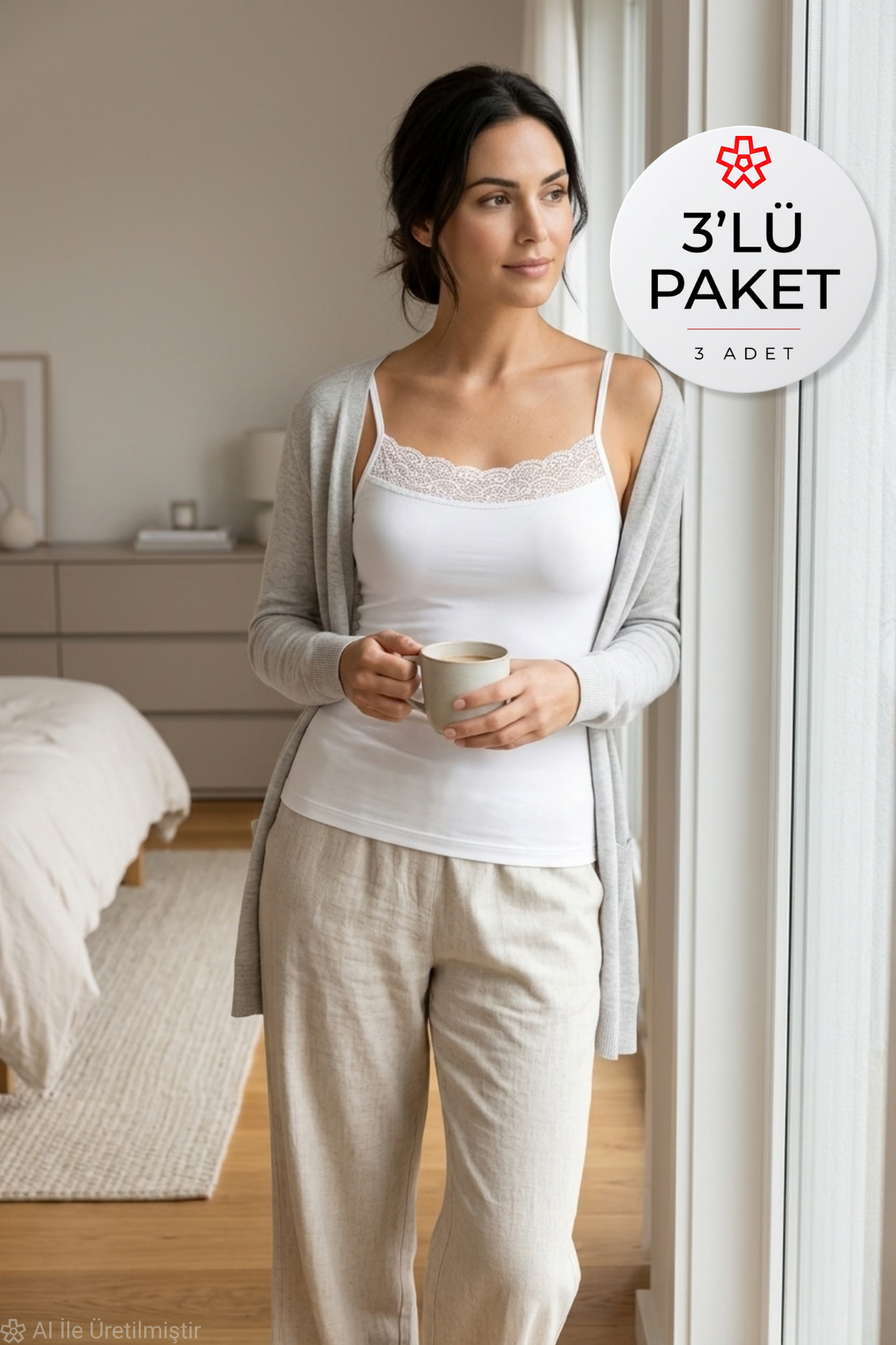 Likralı Dantelli Kadın Atlet Beyaz 3'lü Paket