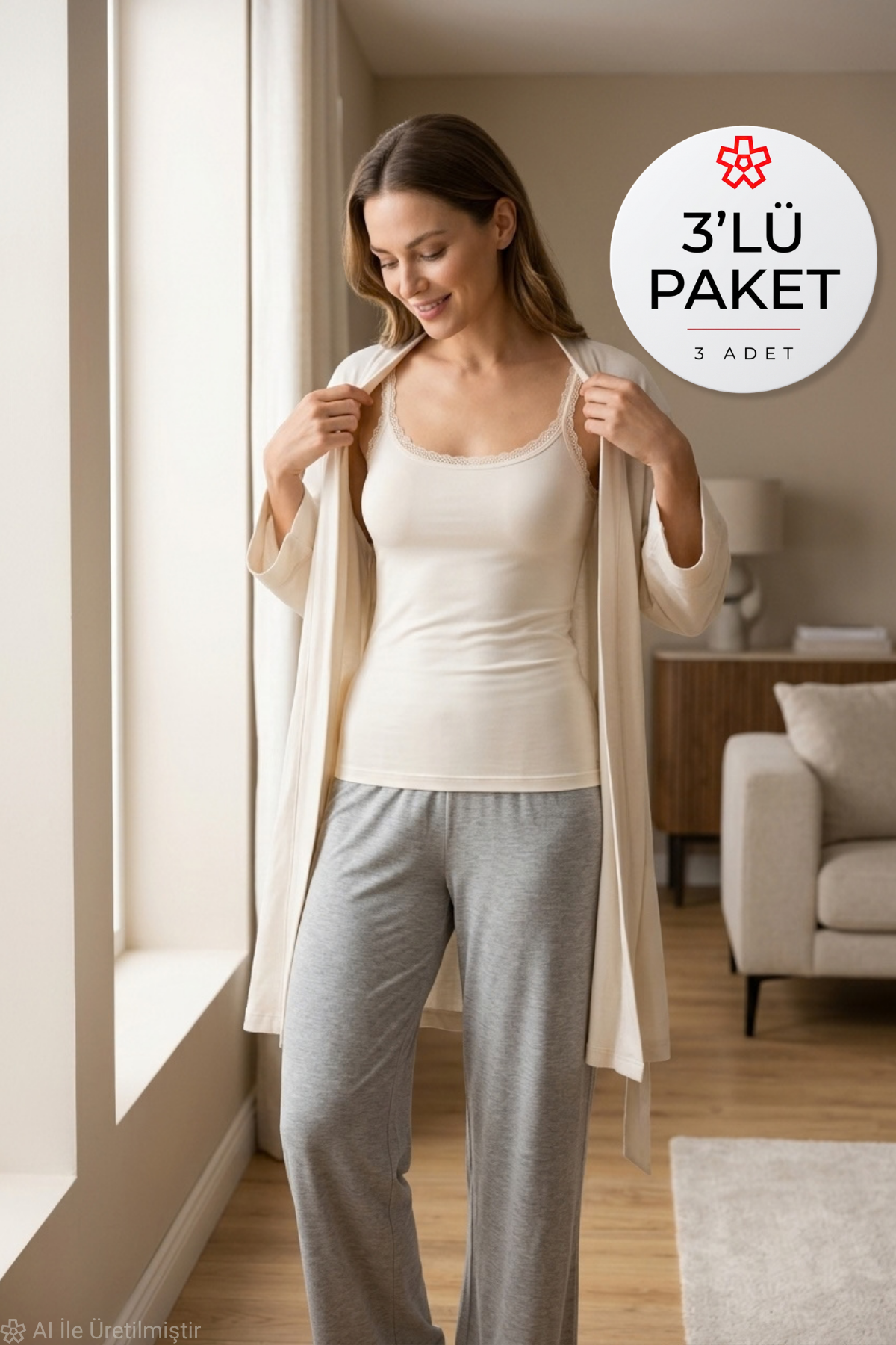 Likralı Dantelli Kadın Atlet Ekru 3'lü Paket