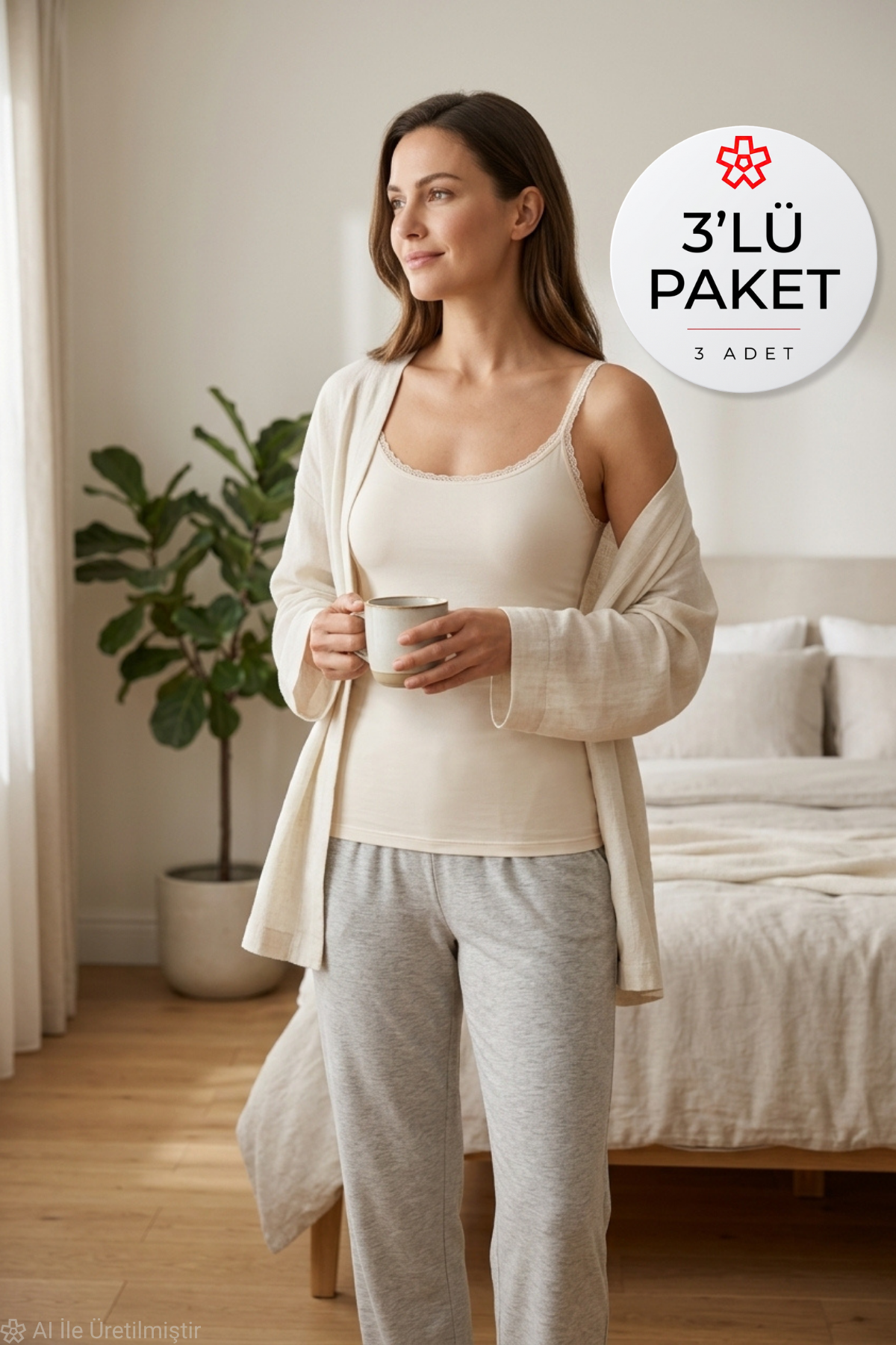 Likralı Dantelli Kadın Atlet Ekru 3'lü Paket