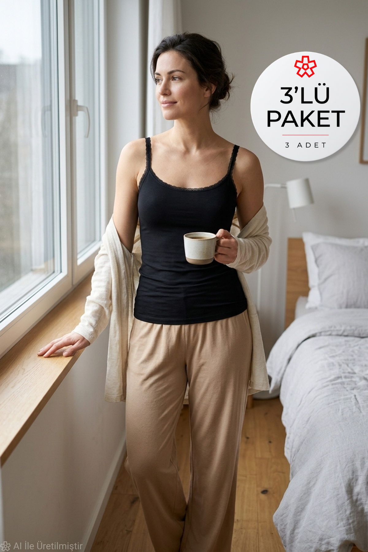 Likralı Dantelli Kadın Atlet Siyah 3'lü Paket