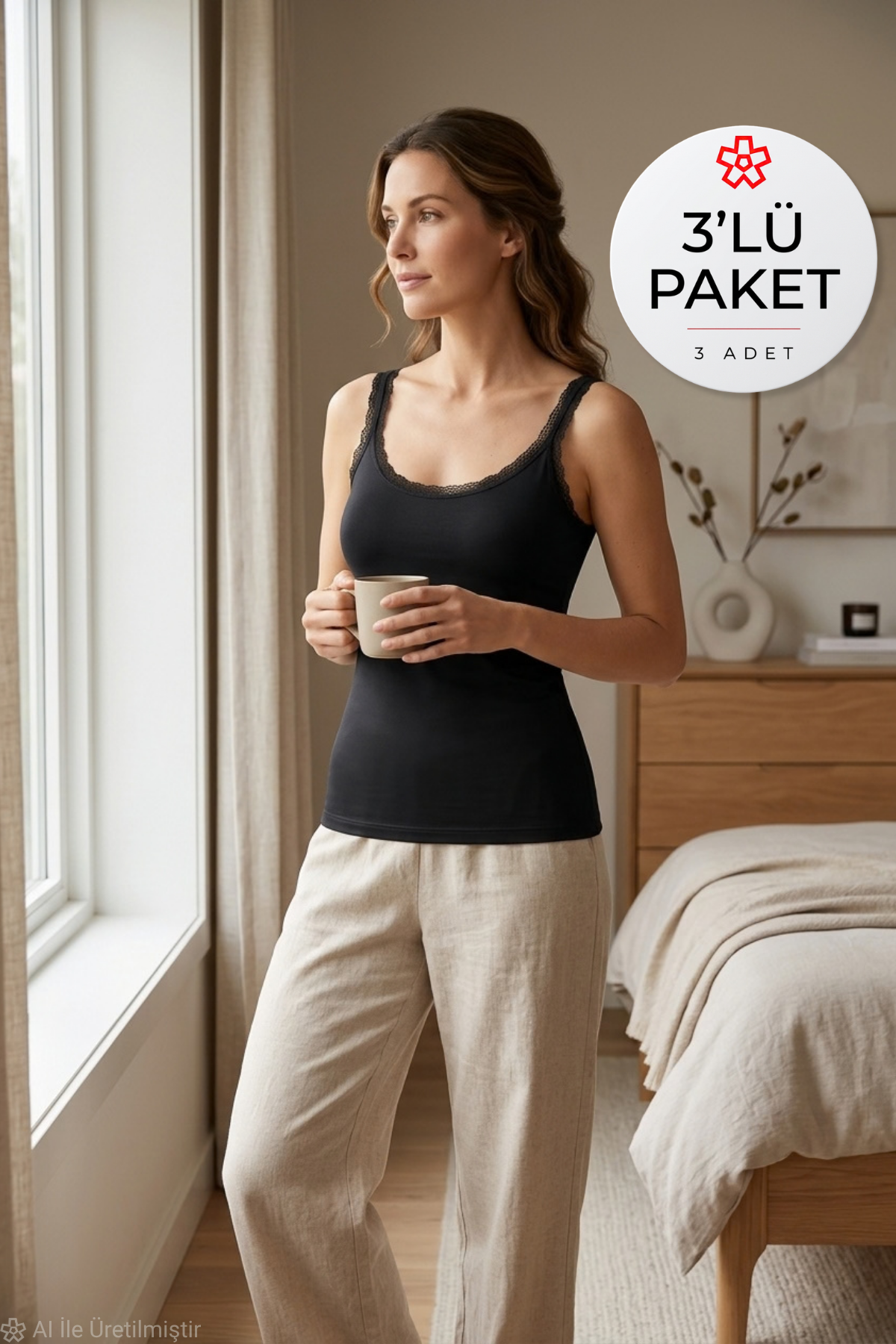Likralı Dantelli Kadın Atlet Siyah 3'lü Paket