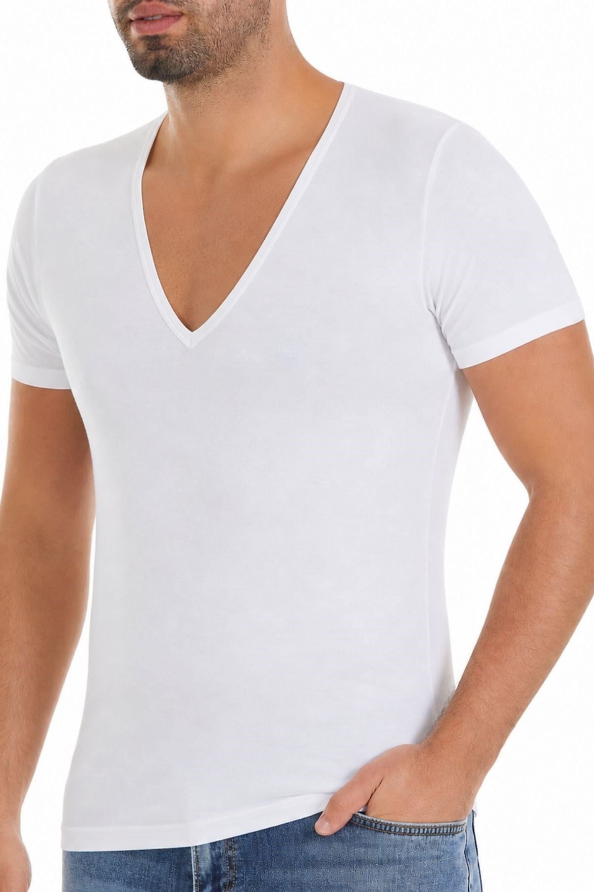 Likralı Derin V Yaka Erkek T-Shirt Beyaz