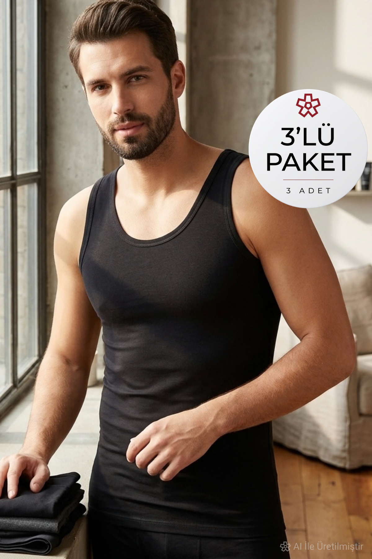 Likralı Erkek Atlet Siyah 3'lü Paket