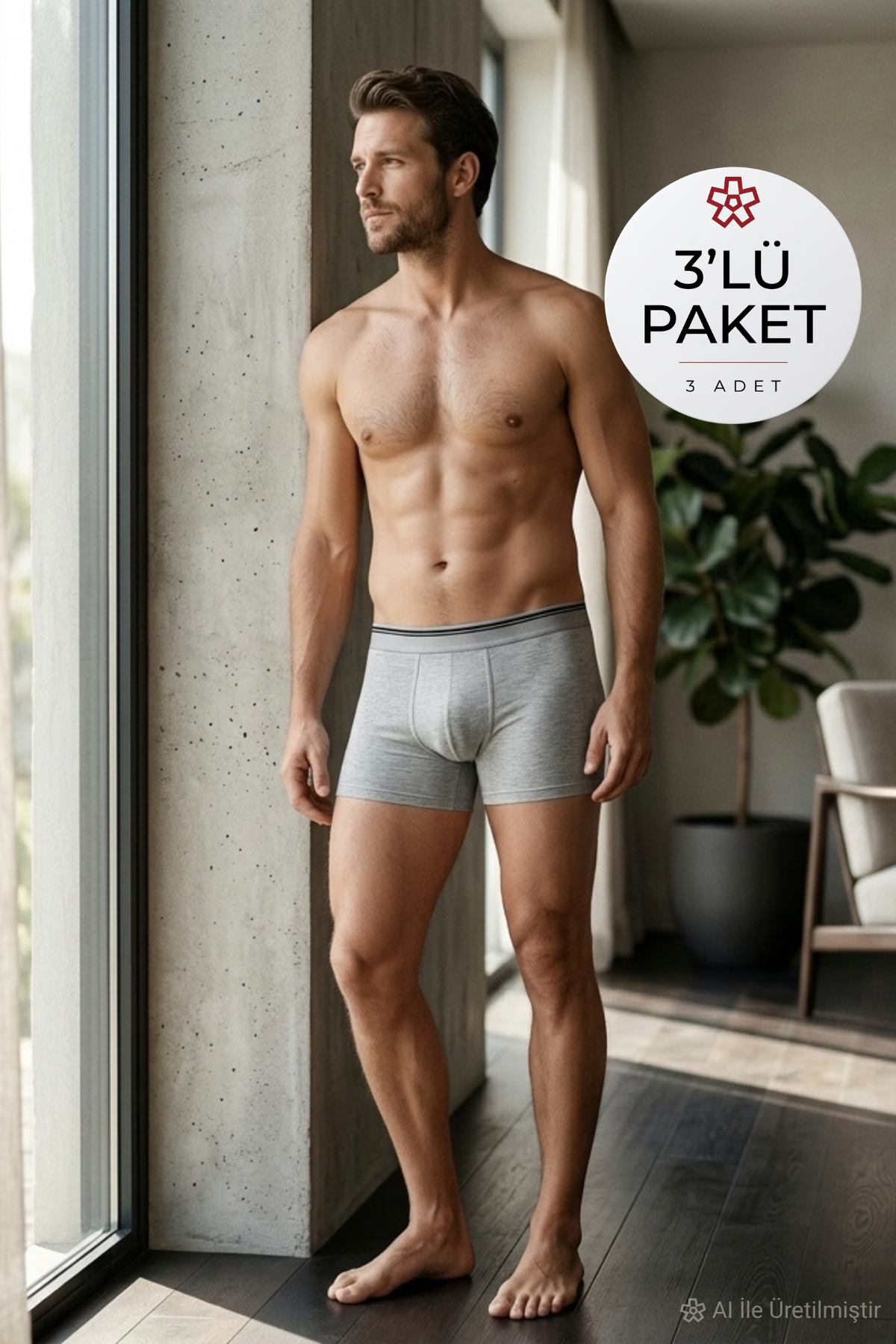 Likralı Erkek Boxer Gri 3'lü Paket