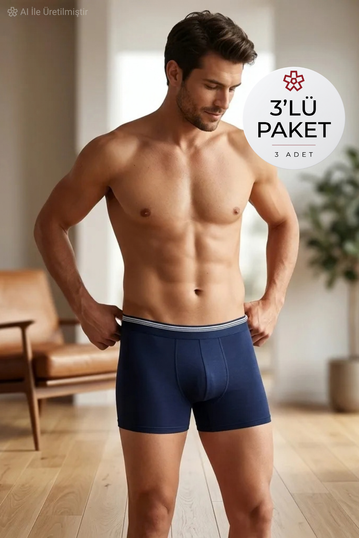 Likralı Erkek Boxer Lacivert 3'lü Paket