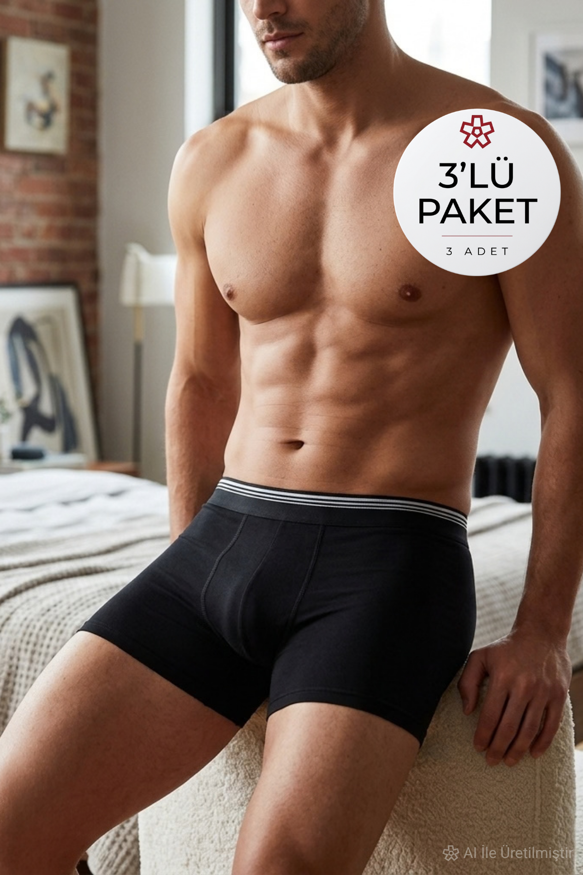 Likralı Erkek Boxer Siyah 3'lü Paket