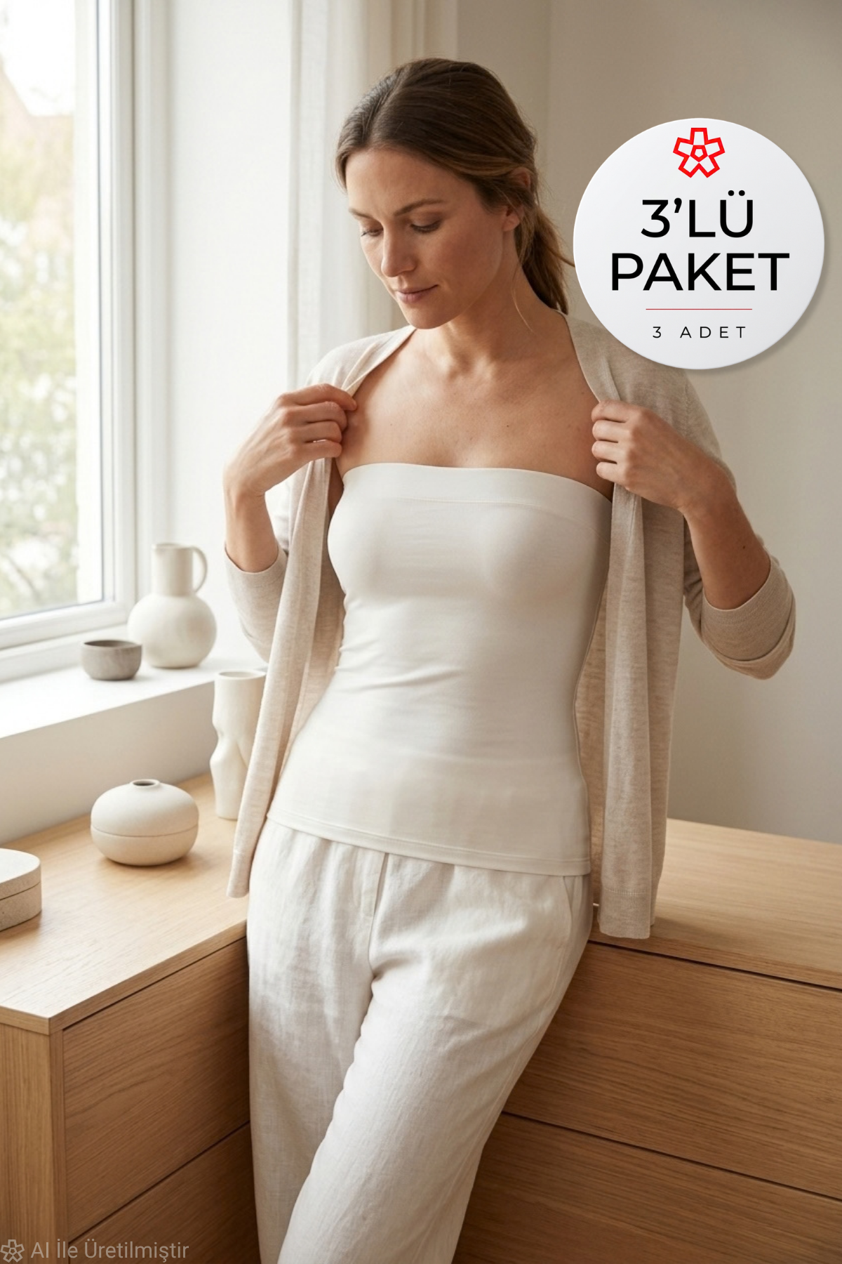 Likralı Kadın Straplez Atlet Ekru 3'lü Paket