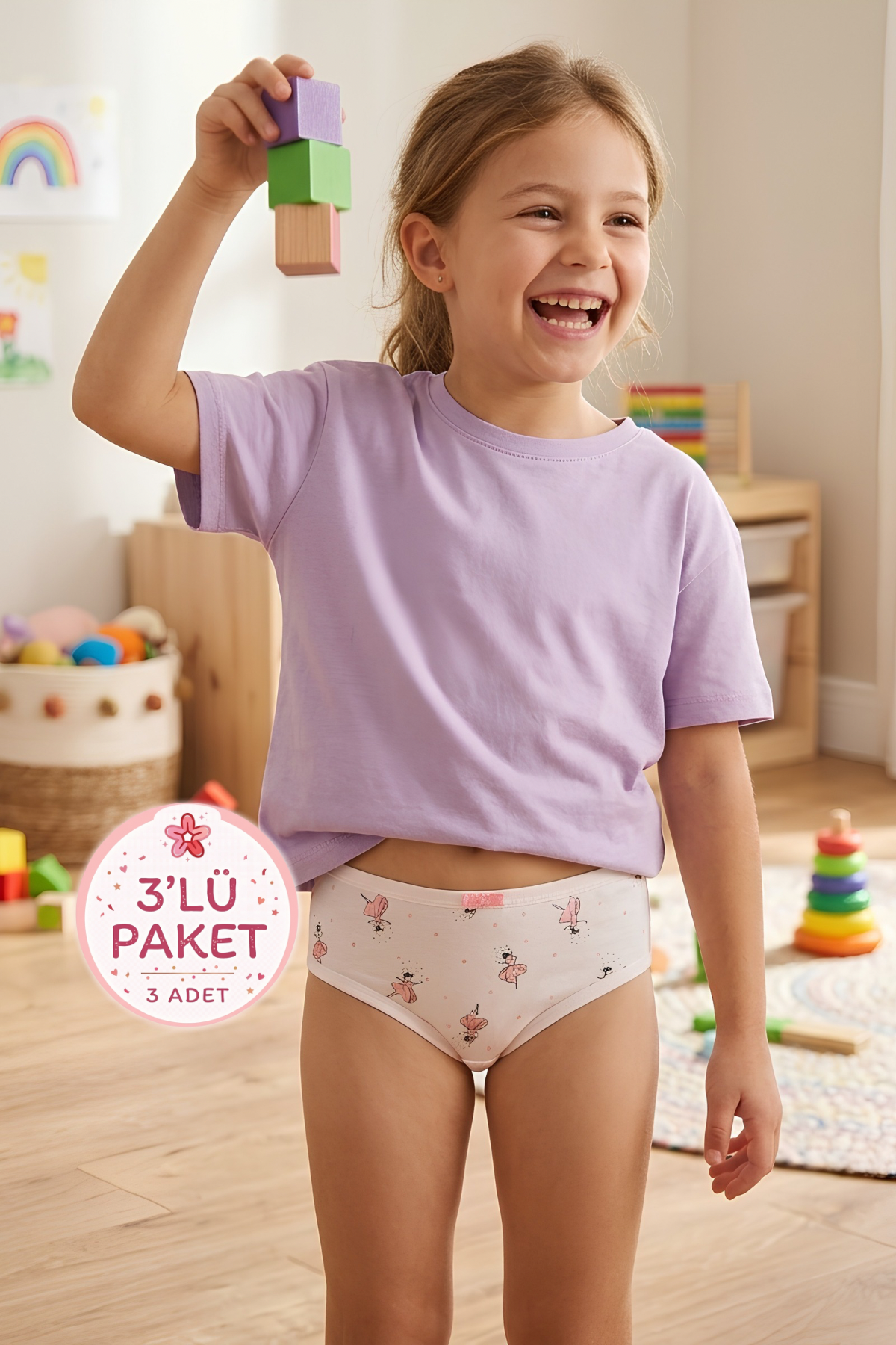 Likralı Kız Çocuk Külot Desenli 3'lü Paket