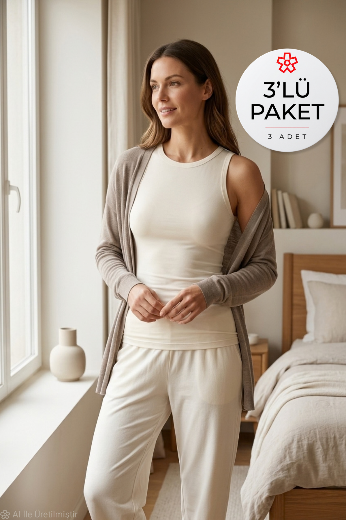 Likralı Sıfır Kol Kadın Atlet Ekru 3'lü Paket