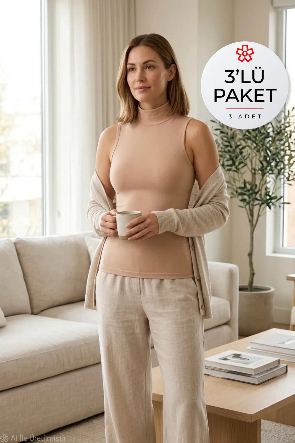 Likralı Sıfır Kol Yarım Balıkçı Yaka Kadın Atlet Ten 3'lü Paket
