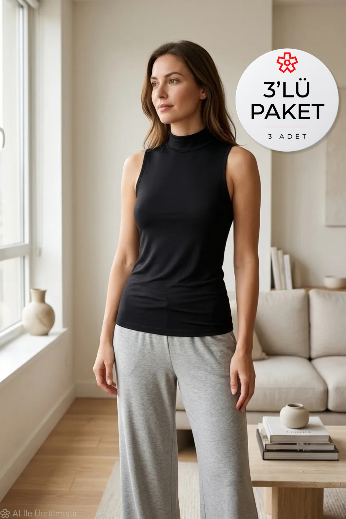 Likralı Sıfır Kol Yarım Balıkçı Yaka Kadın Atlet Siyah 3'lü Paket