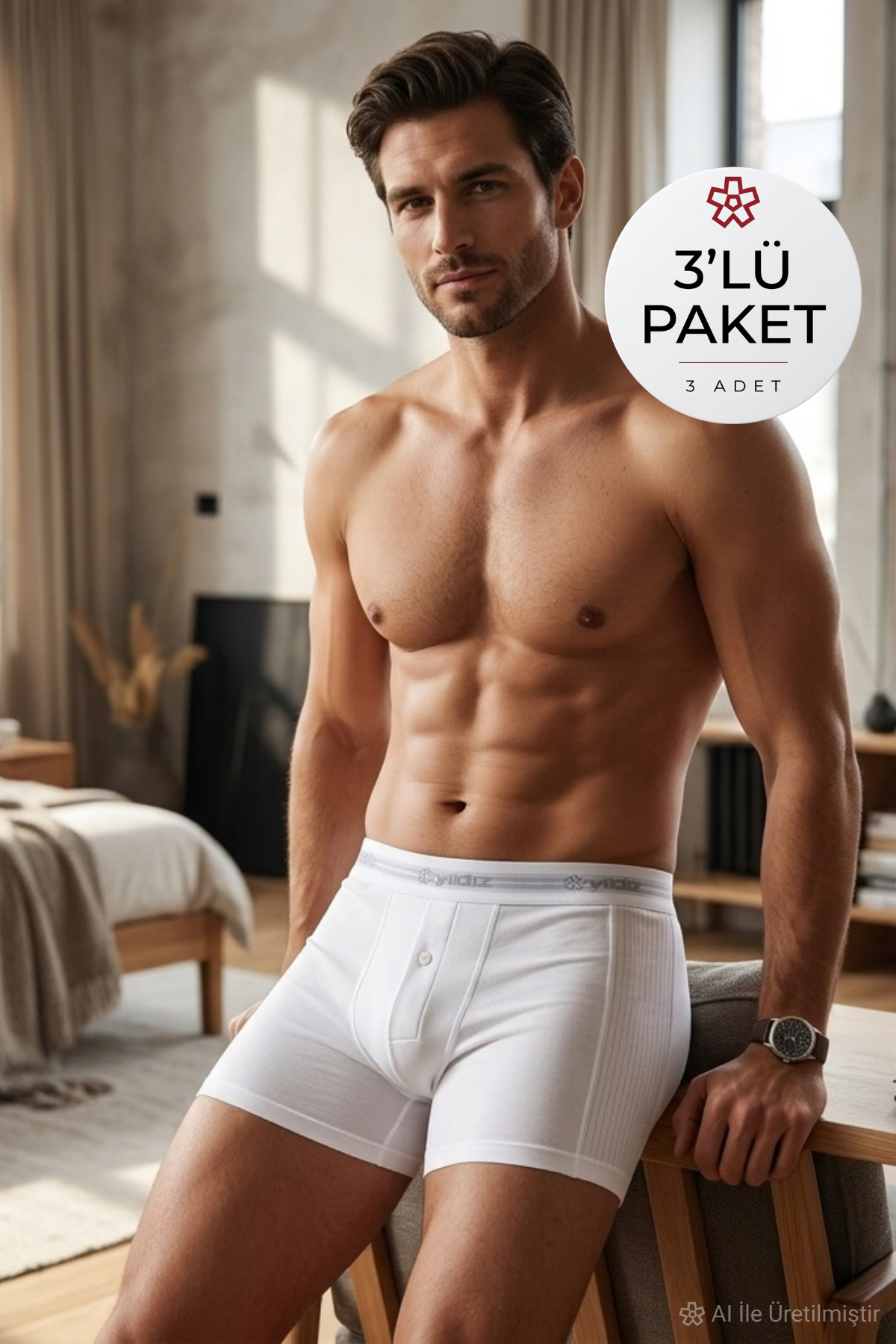 Likralı Uzun Erkek Boxer Beyaz 3'lü Paket
