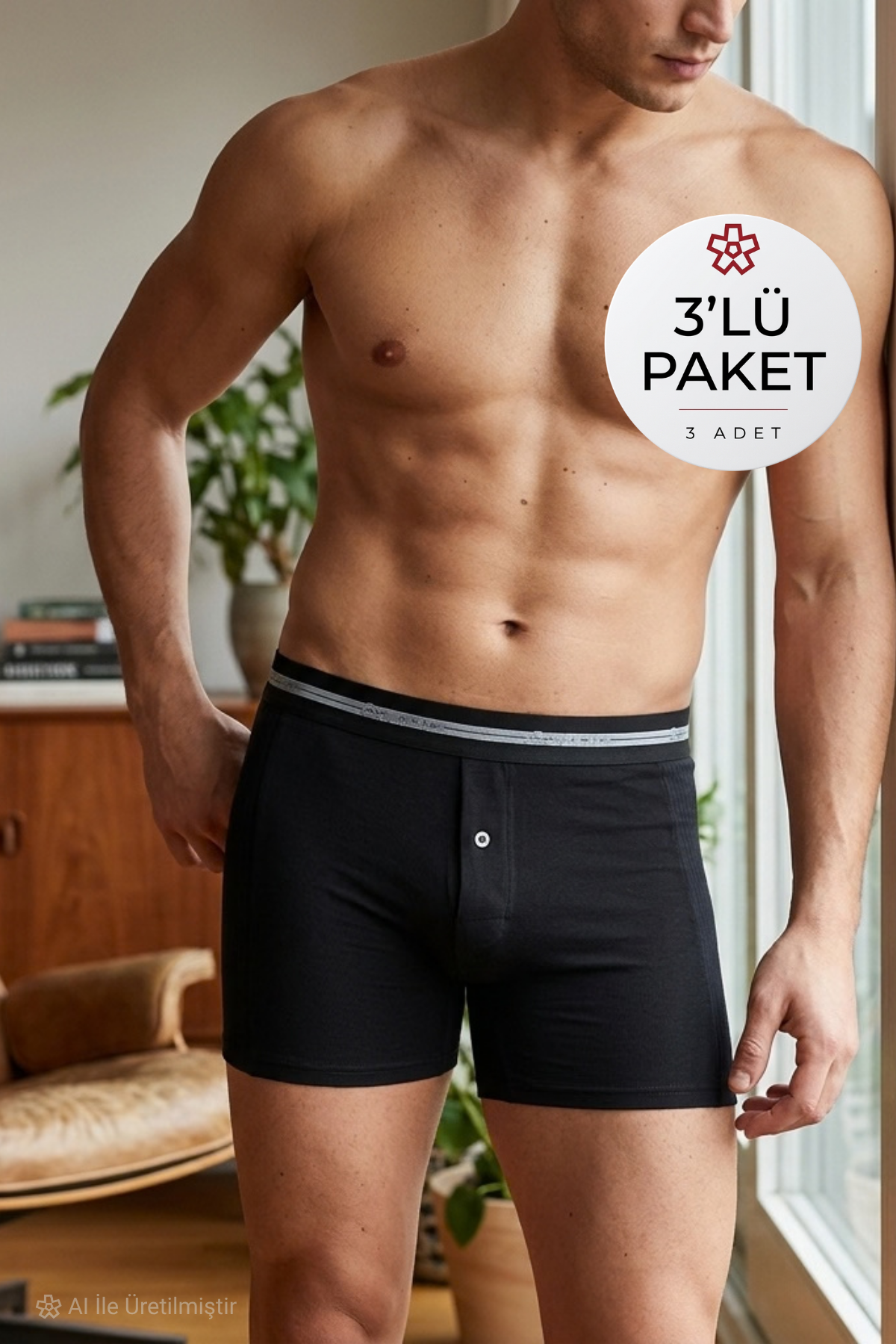 Likralı Uzun Erkek Boxer Siyah 3'lü Paket